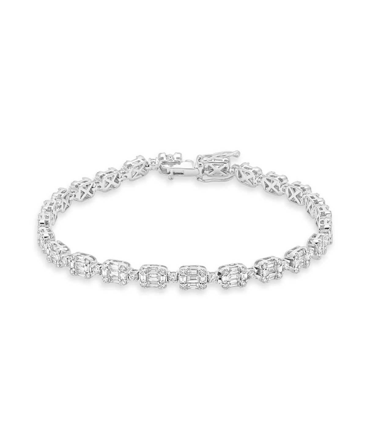 14K White Gold Round & Baguette Diamond Tennis Bracelet 4.64cttw