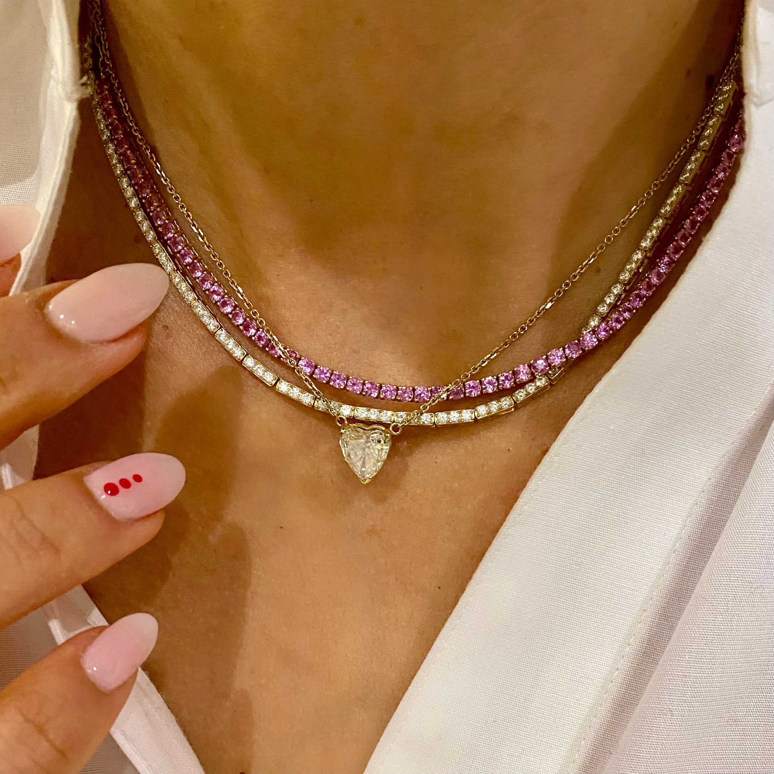 14KT Gold, Pink Sapphire Tennis Necklace, Best Seller!