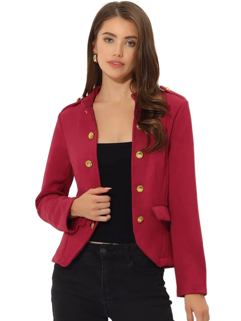 Allegra K- Faux Suede Open Front Button Decor Steampunk Jacket