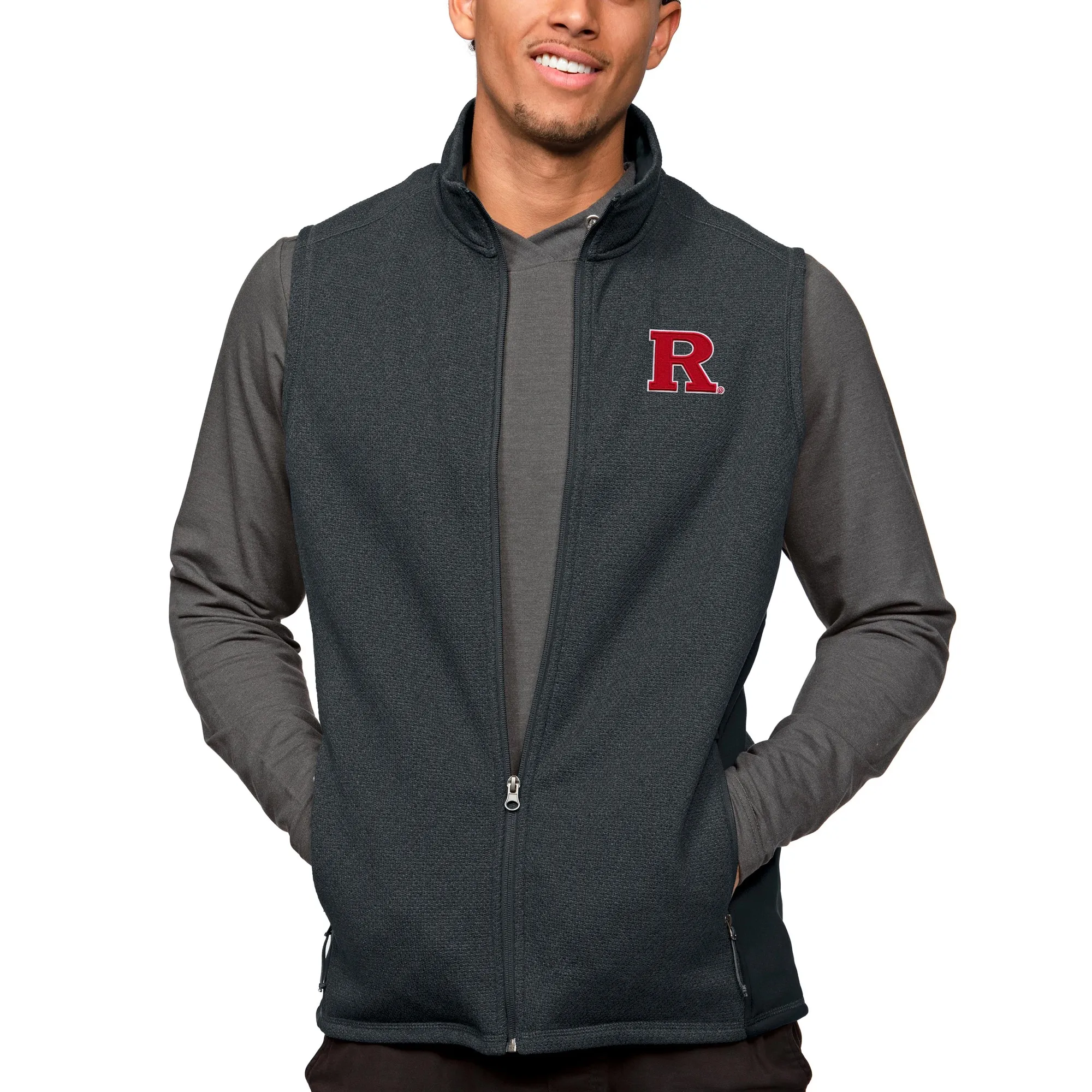 Antigua Rutgers Scarlet Knights Heather Charcoal Course Full-Zip Vest