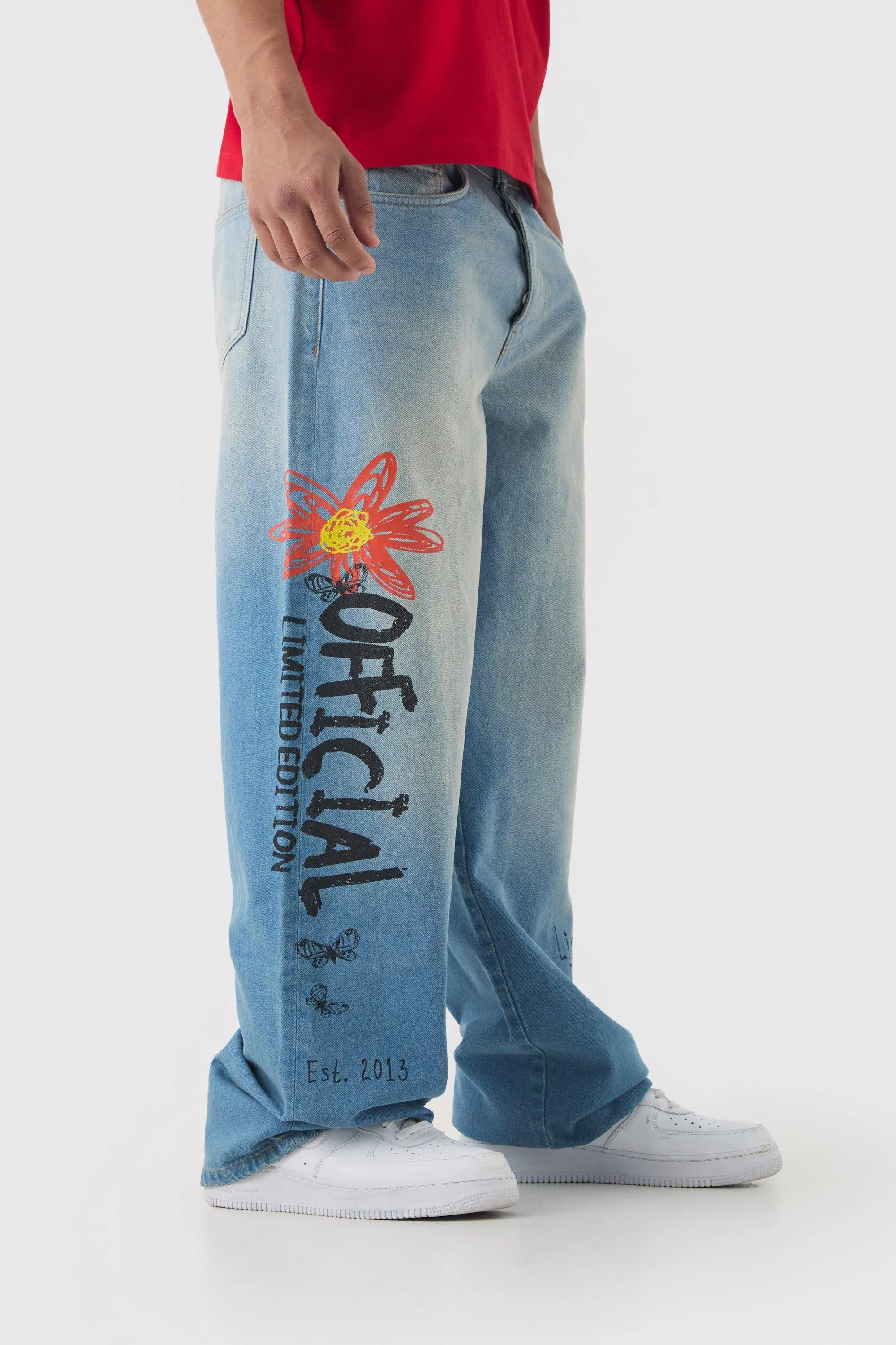 Baggy Rigid Doodle Graphic Denim Jeans In Light Blue | boohooMAN UK