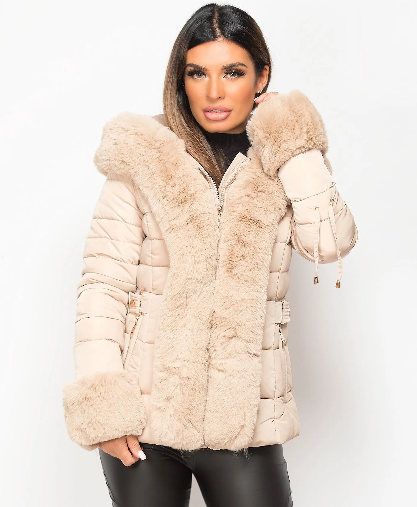 Beige Faux Fur Trim Hooded Side Buckle Puffer Jacket