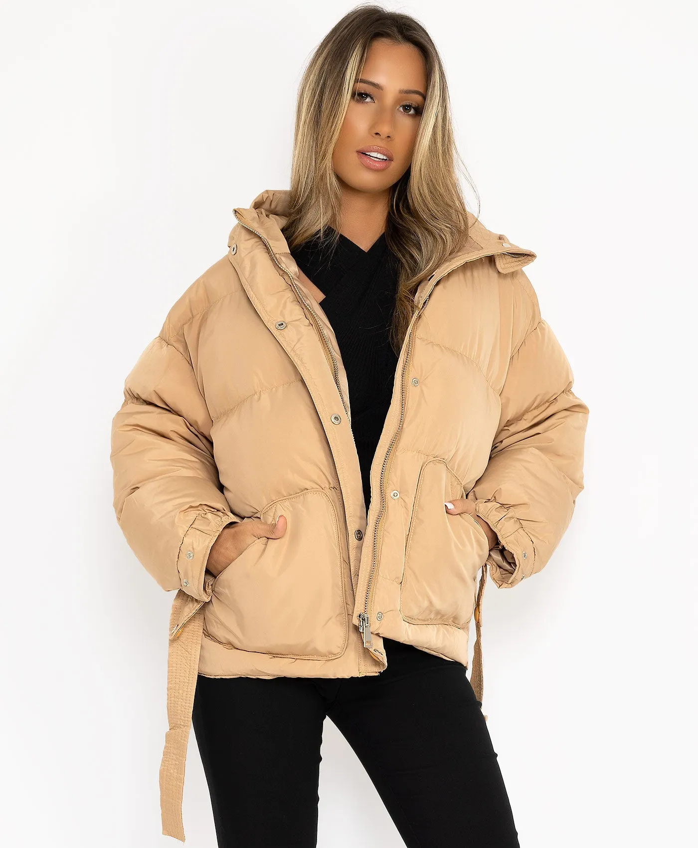 Beige Padded Quilted Belted Puffer Duvet Jacket