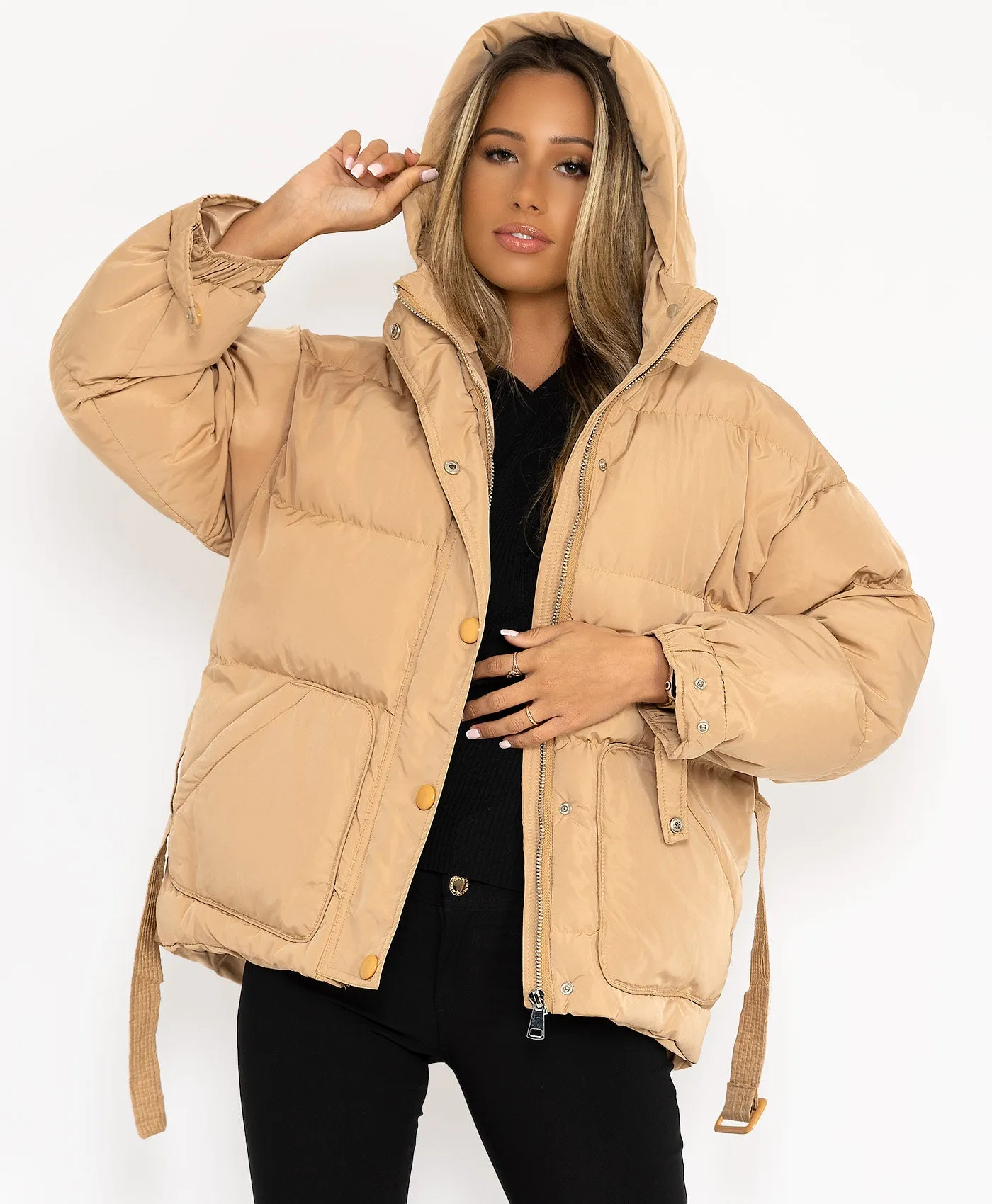 Beige Padded Quilted Belted Puffer Duvet Jacket