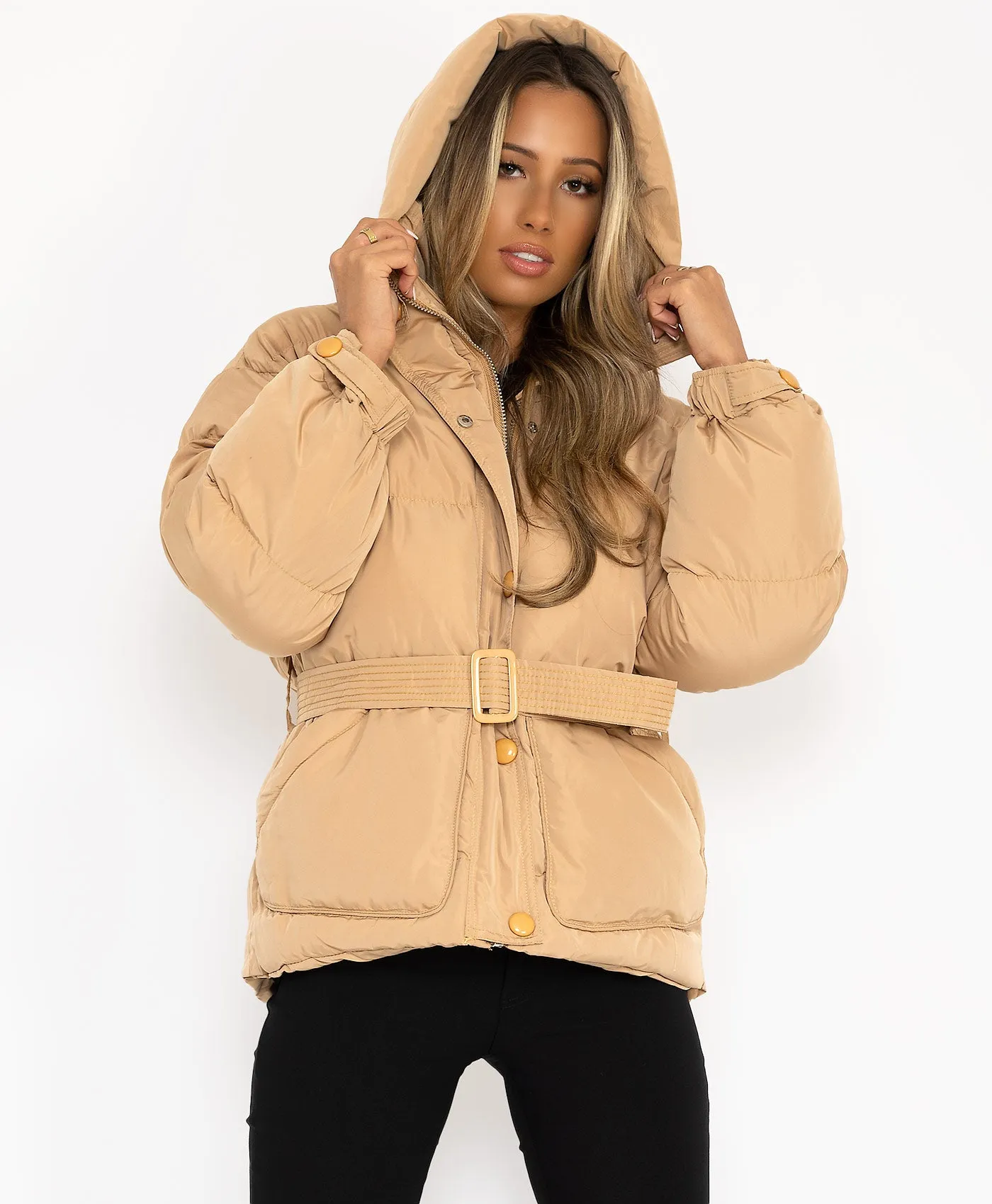 Beige Padded Quilted Belted Puffer Duvet Jacket