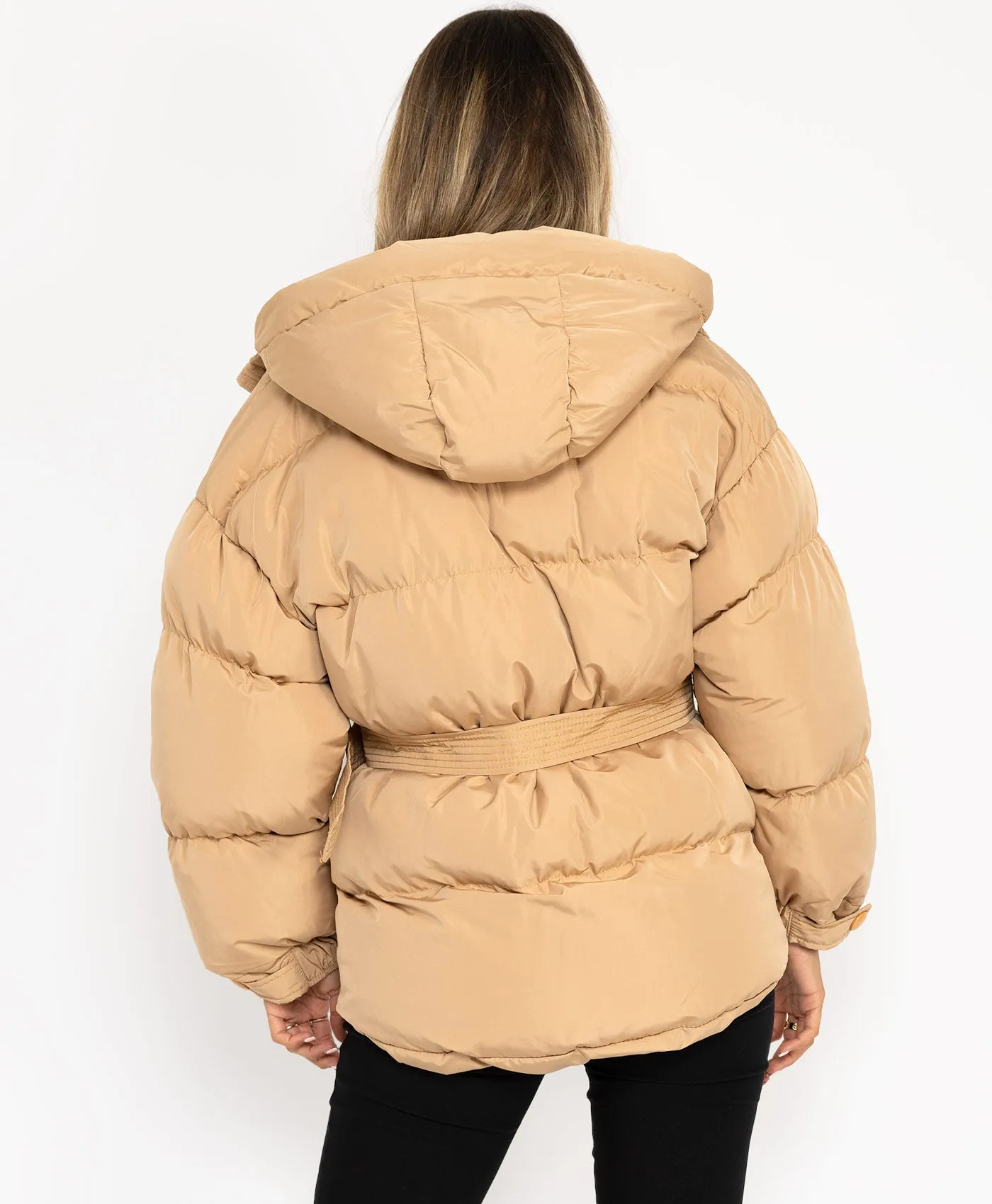 Beige Padded Quilted Belted Puffer Duvet Jacket