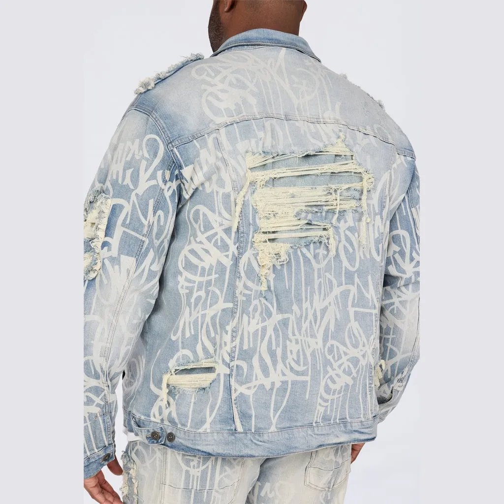 Big and Tall - Heavy Rip & Repair Doodle Jean Jacket - Nassau Blue