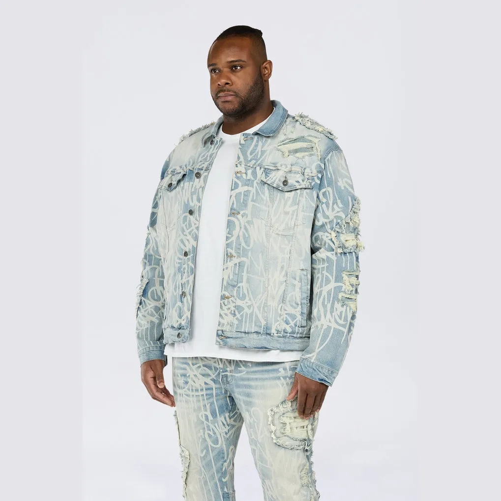 Big and Tall - Heavy Rip & Repair Doodle Jean Jacket - Nassau Blue