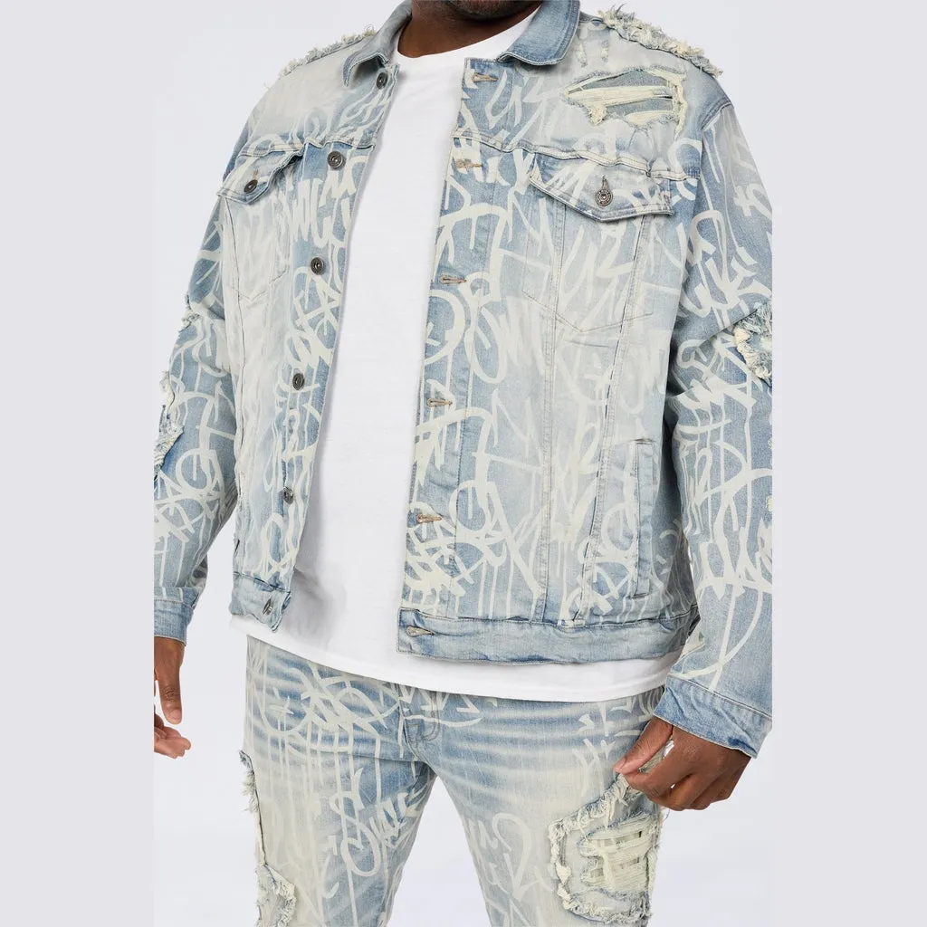 Big and Tall - Heavy Rip & Repair Doodle Jean Jacket - Nassau Blue