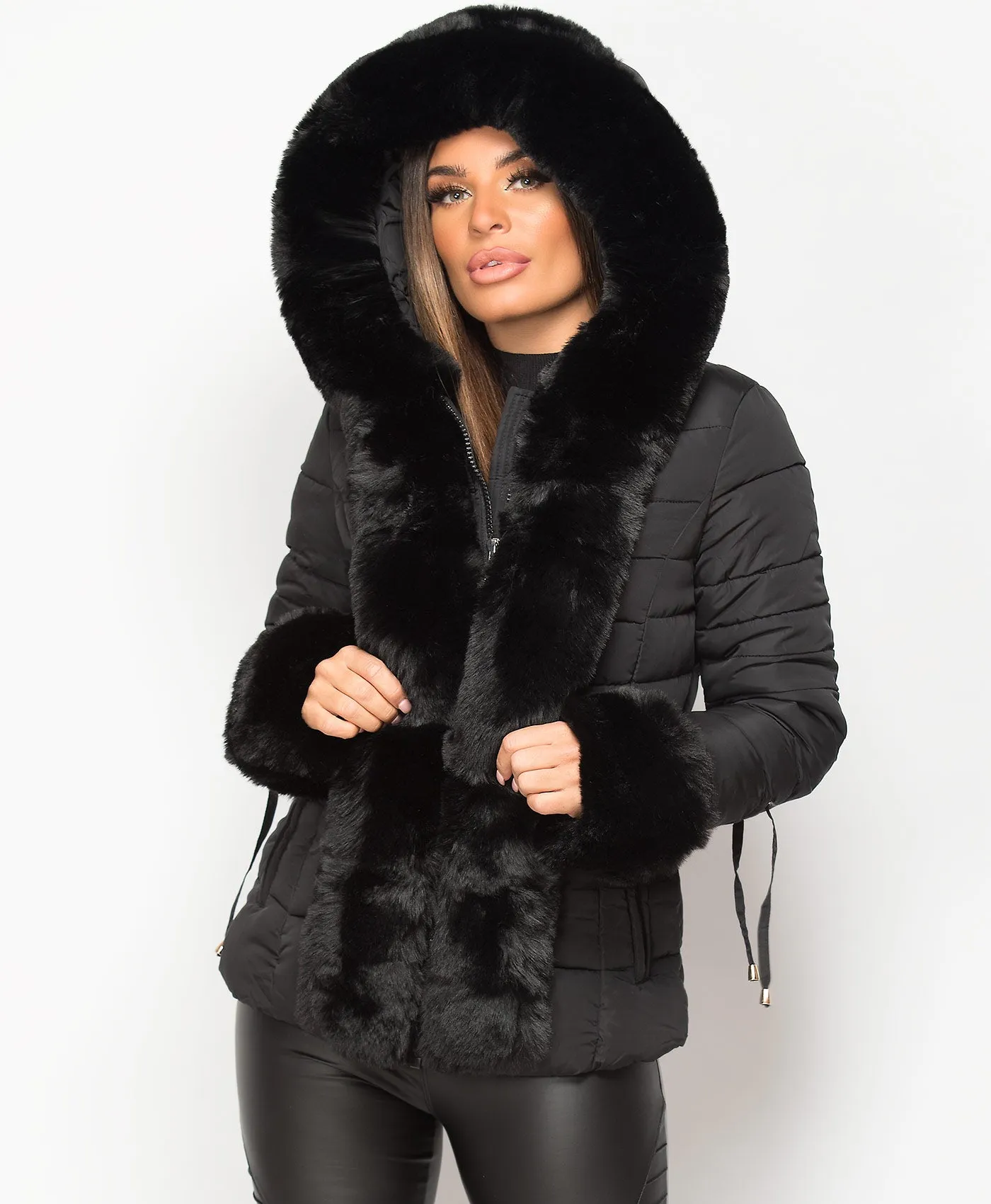 Black Faux Fur Trim Hooded Side Buckle Puffer Jacket