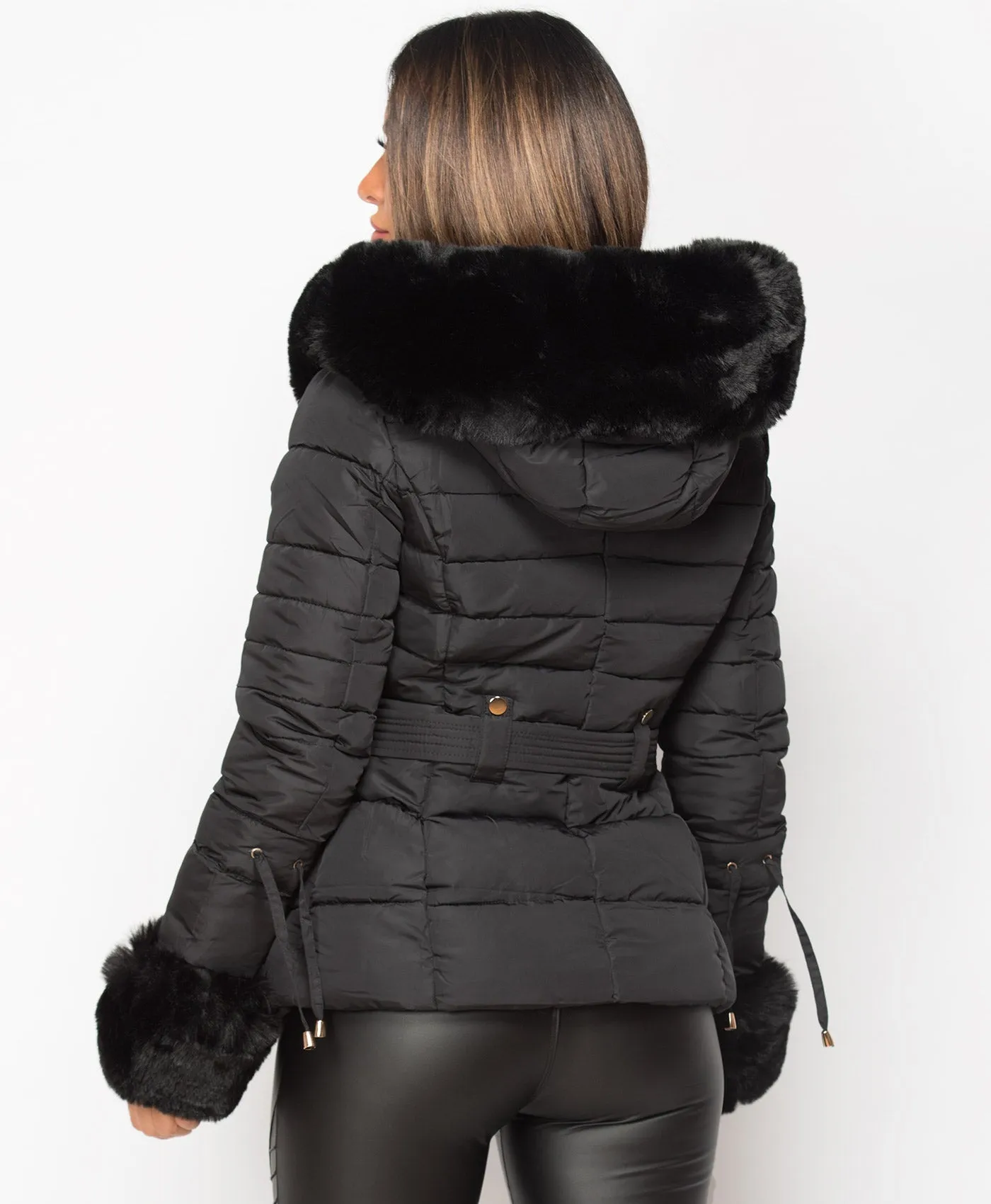 Black Faux Fur Trim Hooded Side Buckle Puffer Jacket