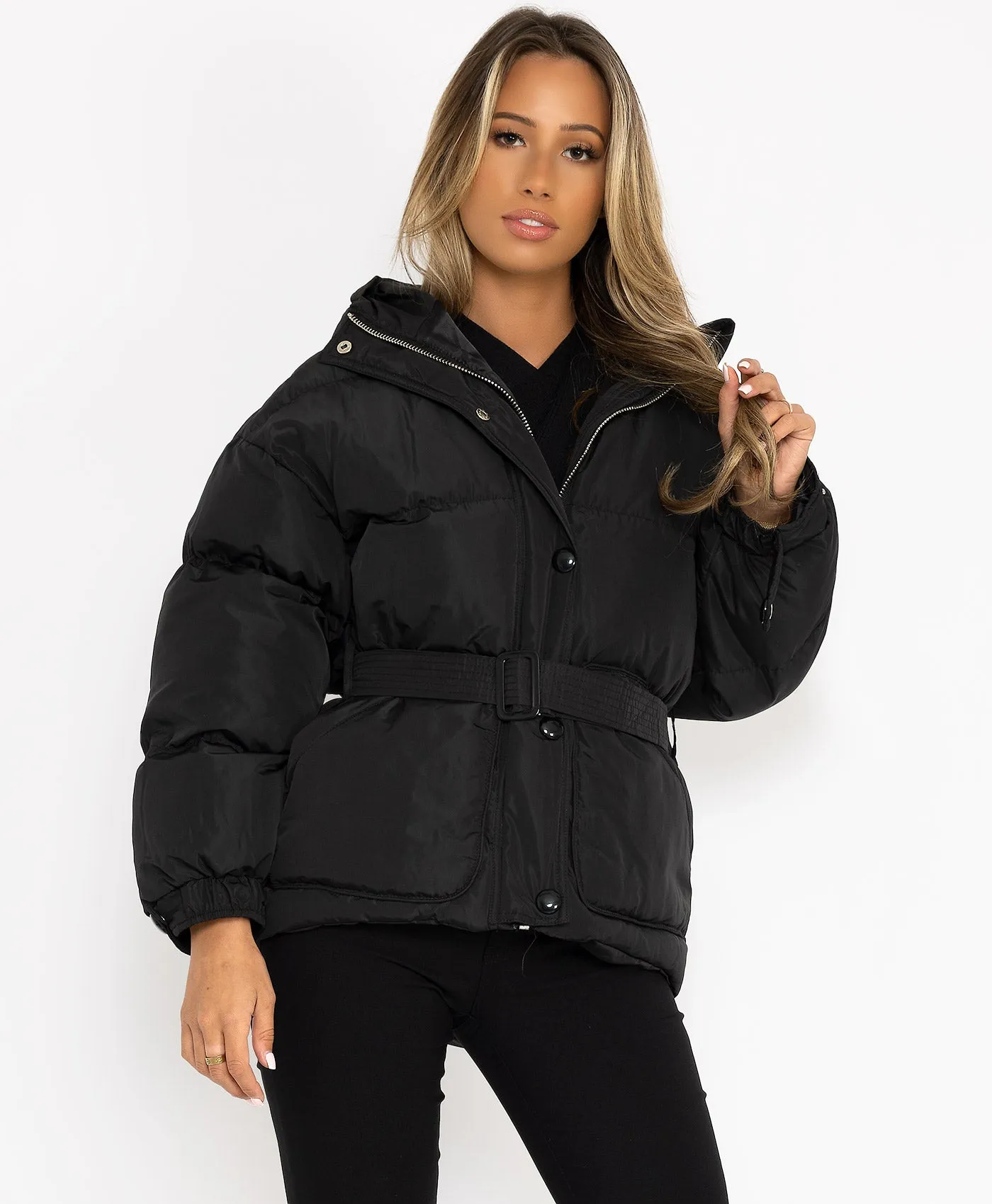 Black Padded Quilted Belted Puffer Duvet Jacket