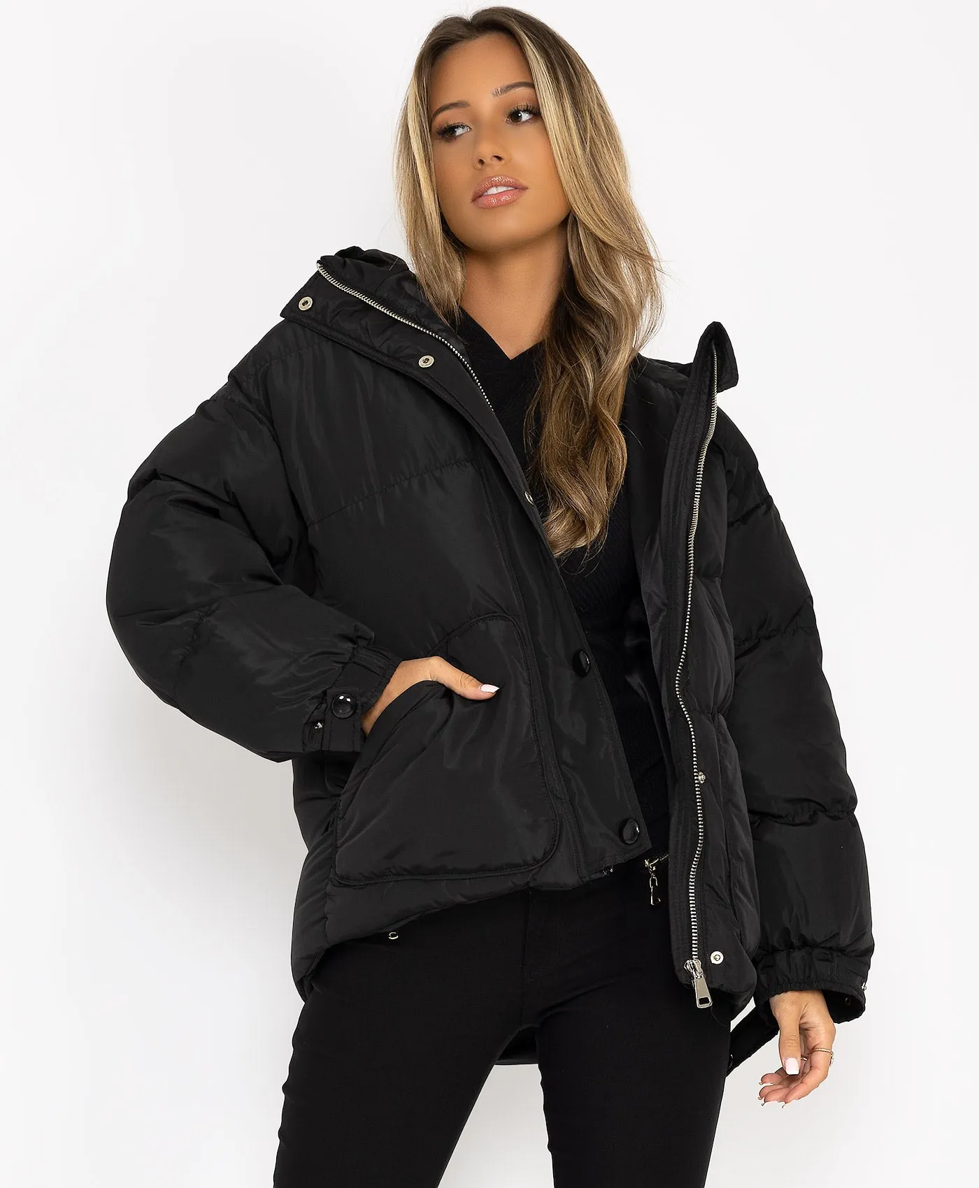 Black Padded Quilted Belted Puffer Duvet Jacket