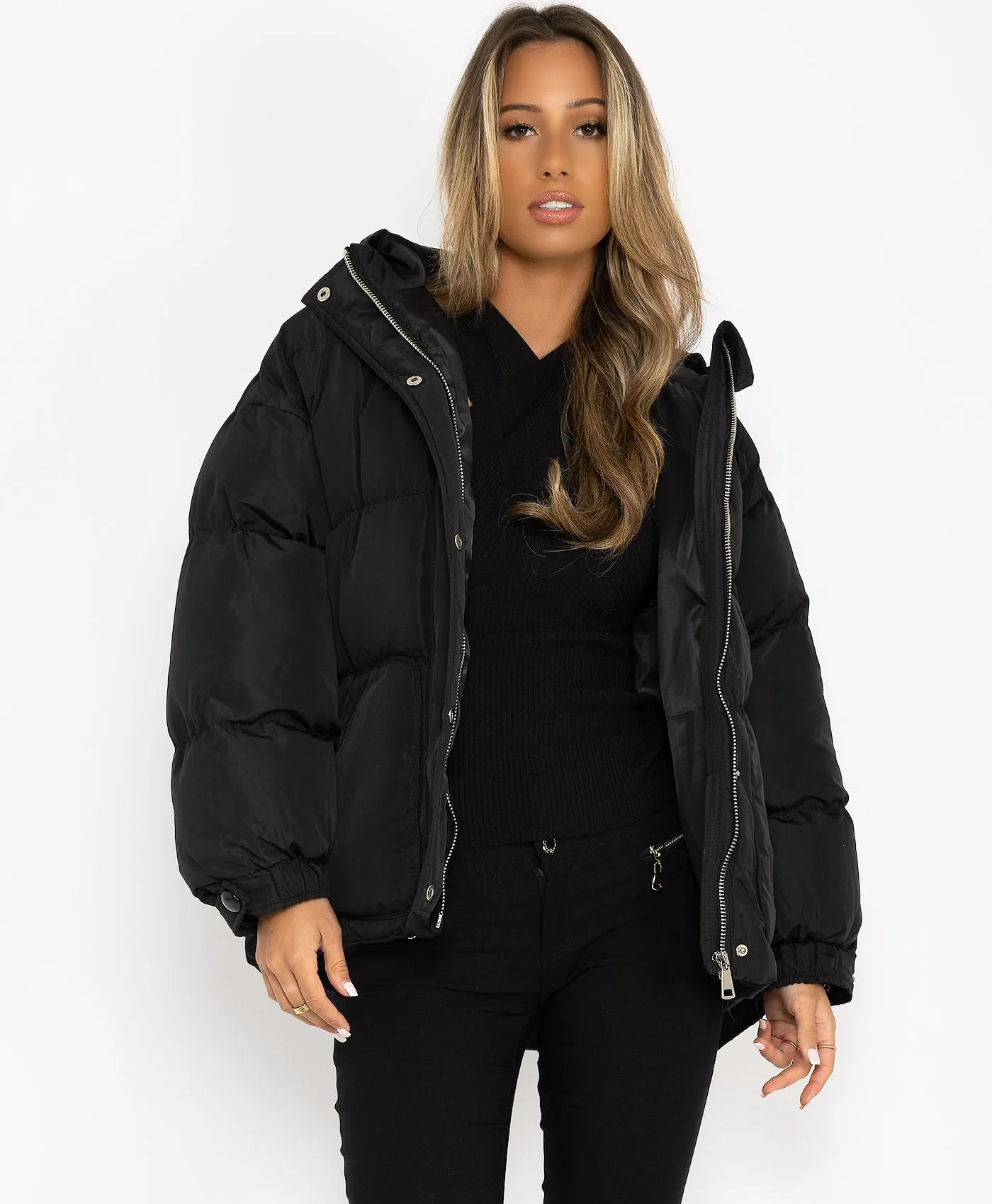 Black Padded Quilted Belted Puffer Duvet Jacket