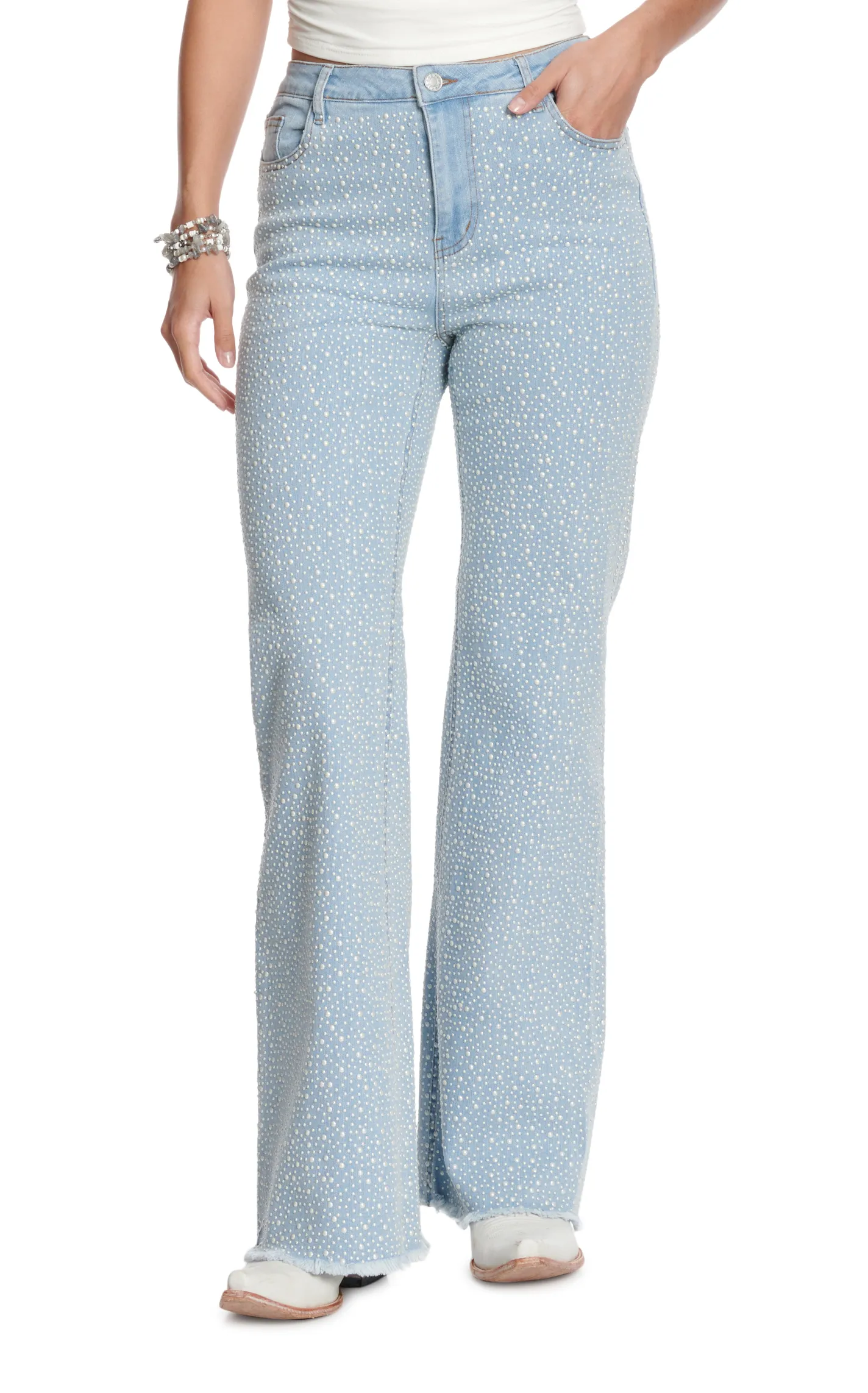 Blue B Women's Light Wash & All Over Pearl Drop Flare Leg Jeans