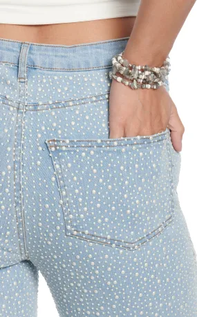 Blue B Women's Light Wash & All Over Pearl Drop Flare Leg Jeans