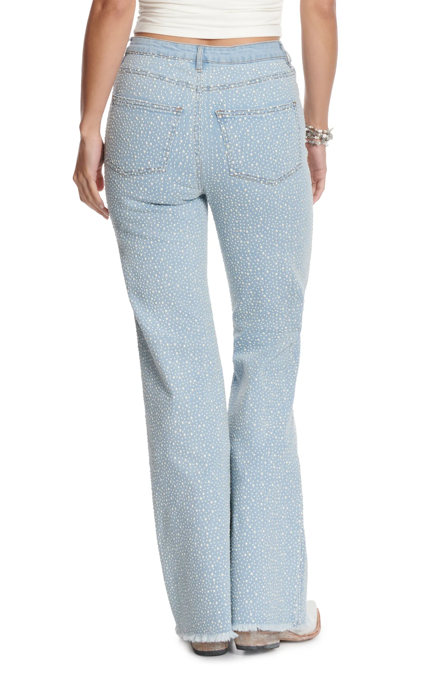 Blue B Women's Light Wash & All Over Pearl Drop Flare Leg Jeans