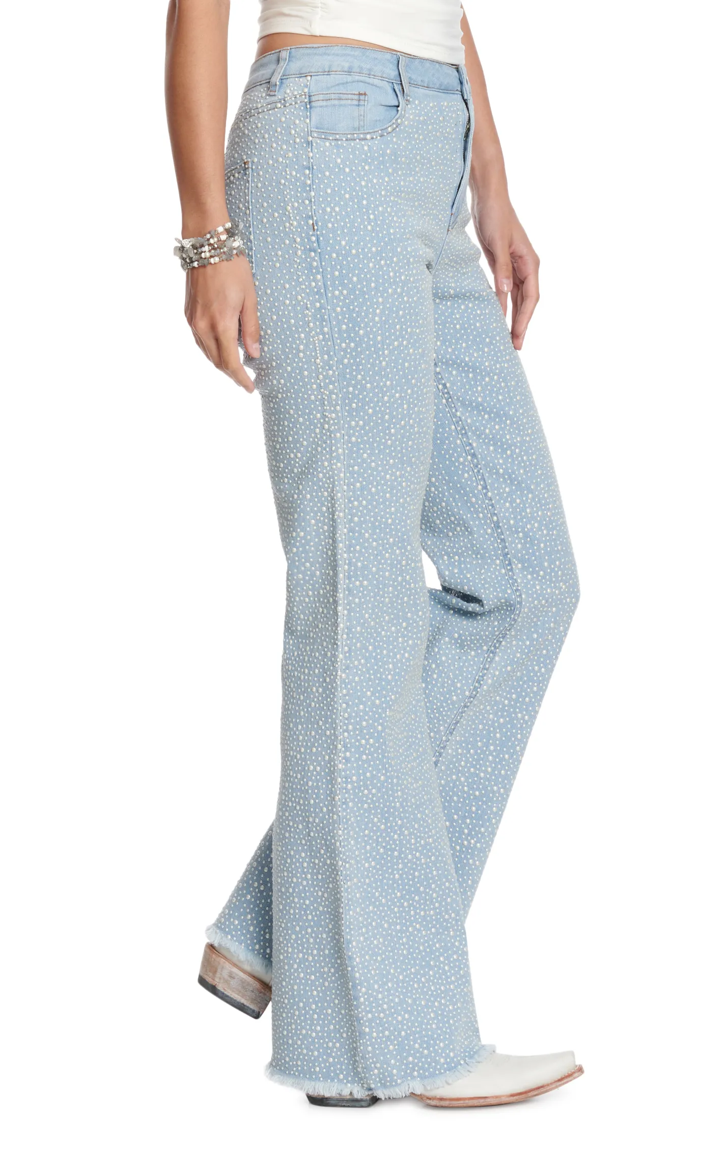 Blue B Women's Light Wash & All Over Pearl Drop Flare Leg Jeans