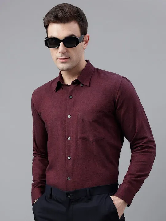 Burgundy Solid Plaided Flannel Pure Cotton Slim Fit Formal Shirt