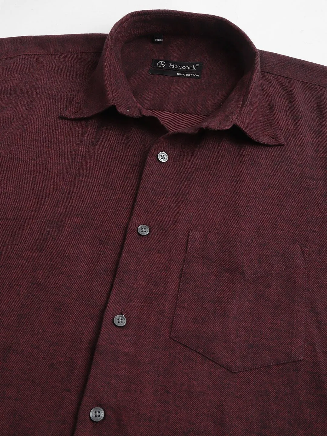 Burgundy Solid Plaided Flannel Pure Cotton Slim Fit Formal Shirt