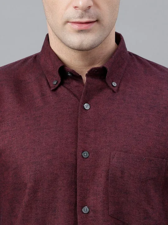 Burgundy Solid Plaided Flannel Pure Cotton Slim Fit Formal Shirt