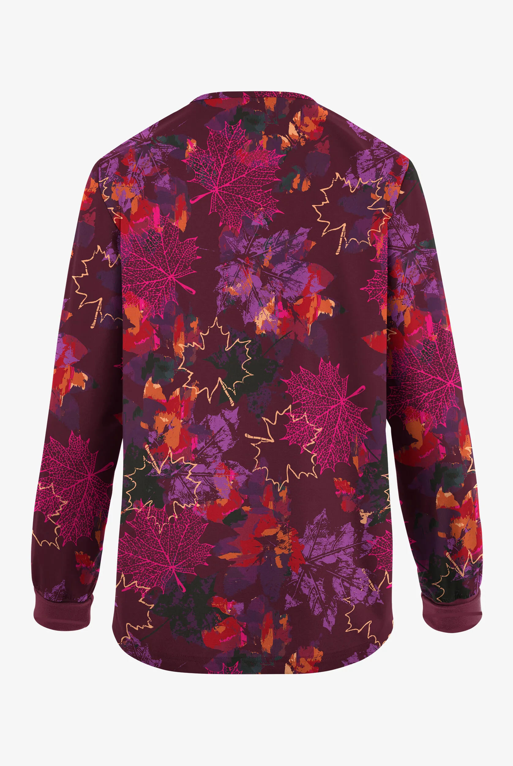 Butter-Soft Originals Autumn Park Wine Women's 3-Pocket Warm-Up Print Scrub Jacket