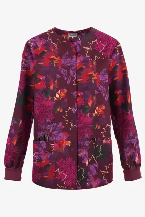 Butter-Soft Originals Autumn Park Wine Women's 3-Pocket Warm-Up Print Scrub Jacket