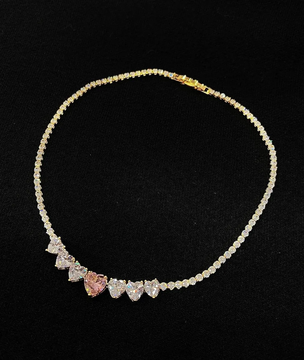 Collana tennis oro con cuori brillanti