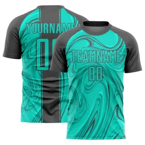 Custom Aqua Steel Gray Abstract Fluid Sublimation Soccer Uniform Jersey