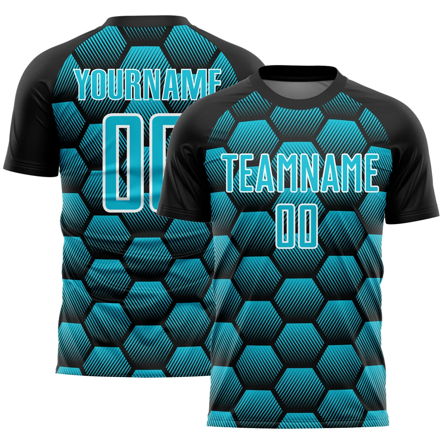 Custom Black Lakes Blue-White Hexagons Pattern Sublimation Soccer Uniform Jersey