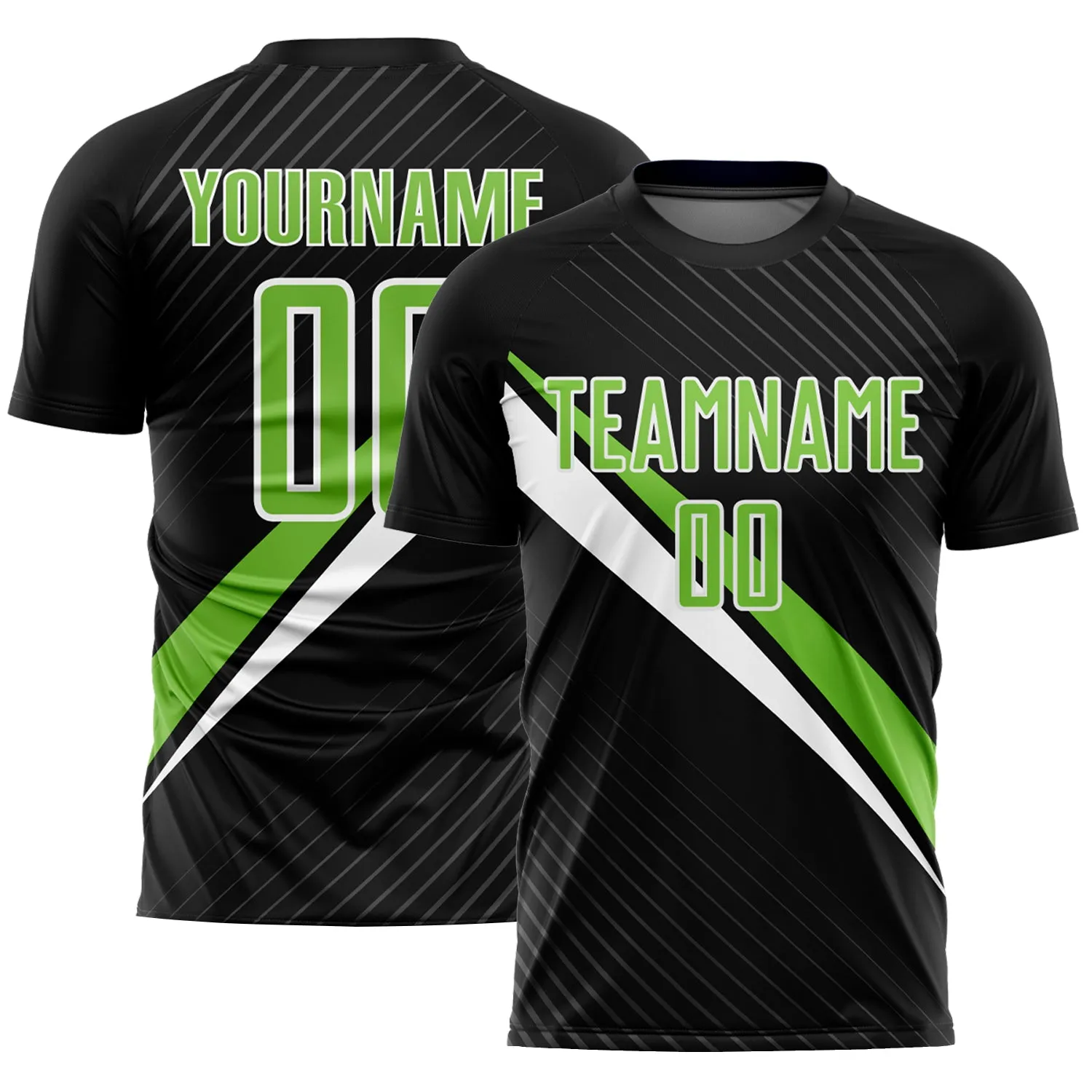 Custom Black Neon Green-White Diagonal Lines Sublimation Soccer Uniform Jersey