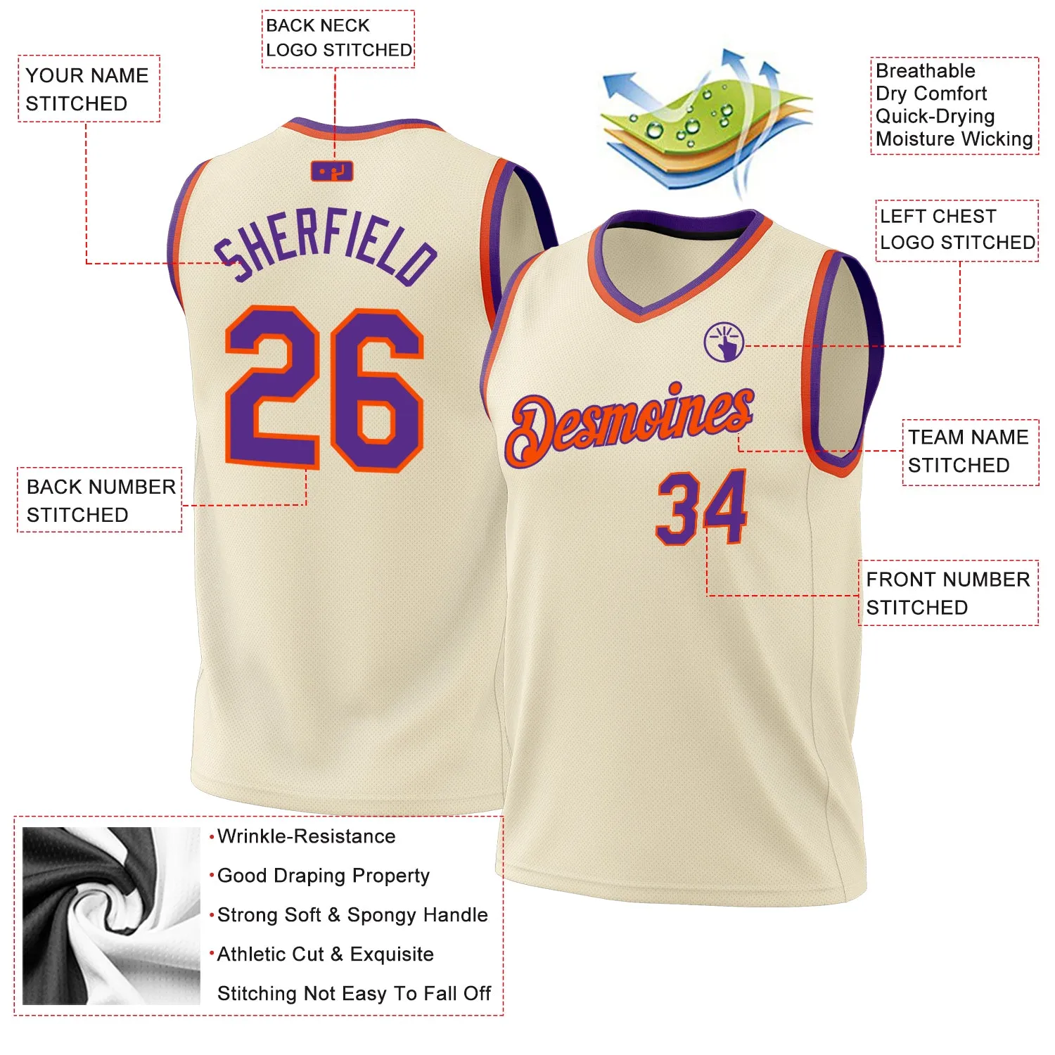 Custom Cream Purple-Orange Authentic Throwback Basketball Jersey