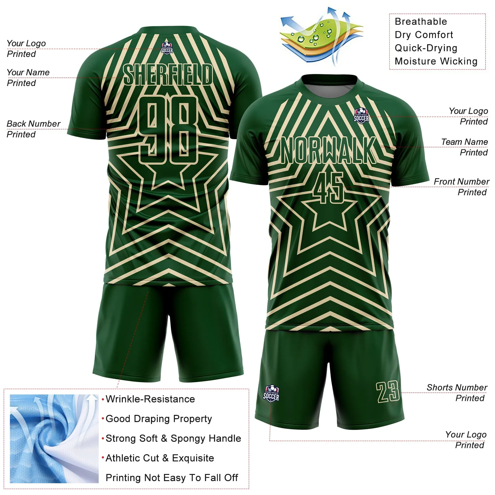 Custom Green Cream Stars Sublimation Soccer Uniform Jersey