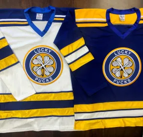 Custom Hockey Jerseys with a Lucky Pucks Embroidered Twill Logo