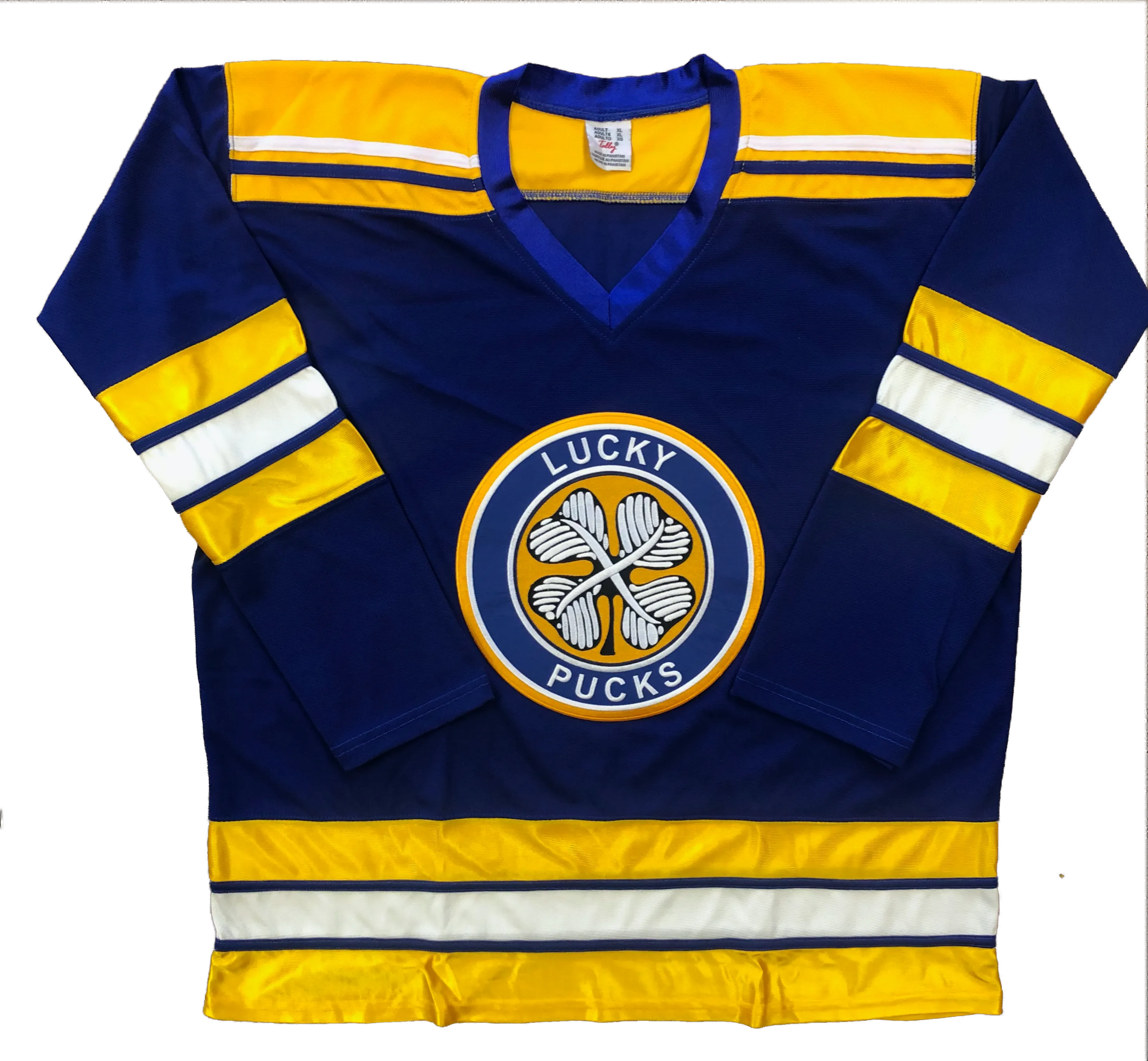 Custom Hockey Jerseys with a Lucky Pucks Embroidered Twill Logo