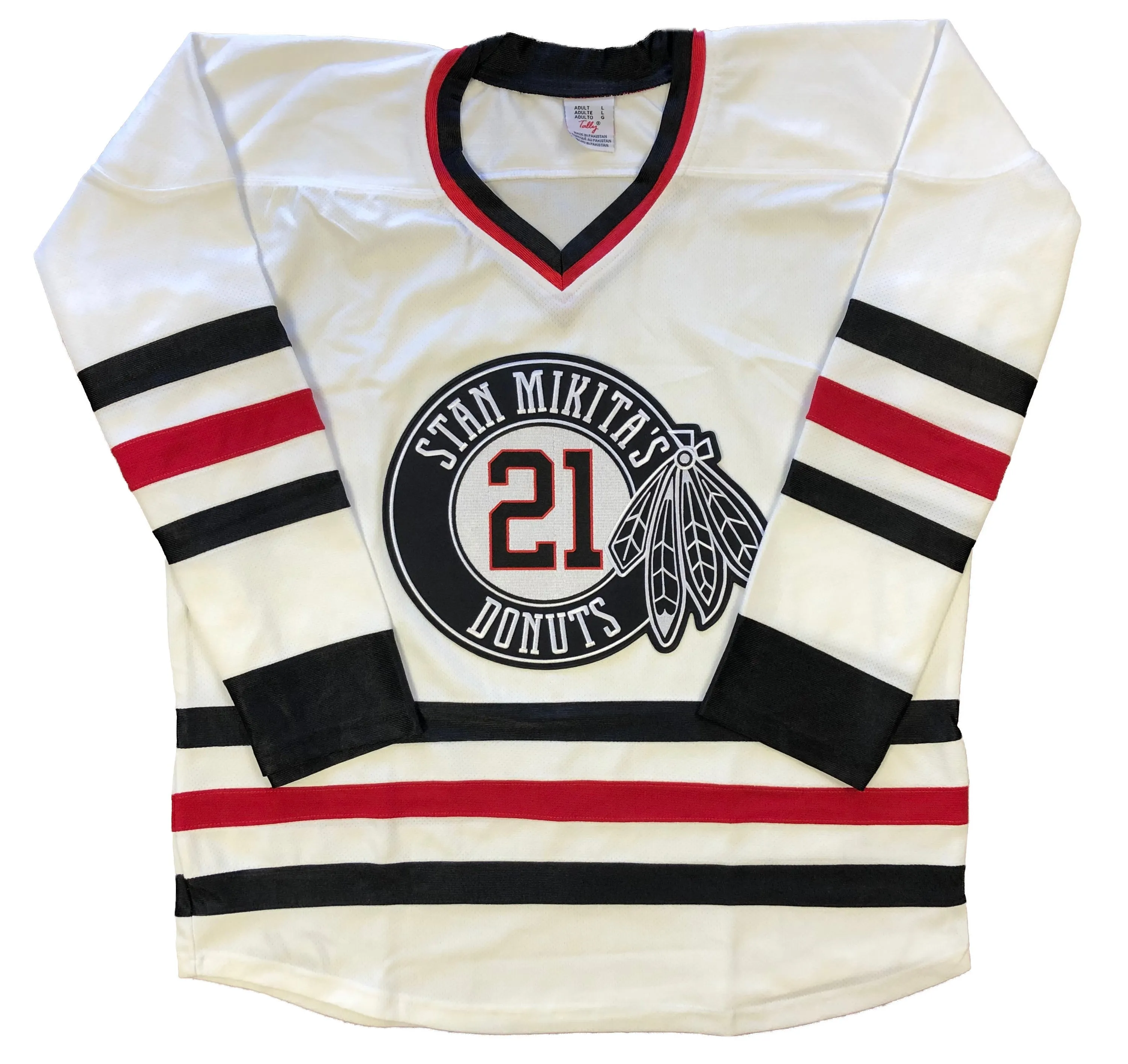 Custom Hockey Jerseys with a Mikita's Donuts Embroidered Twill Logo