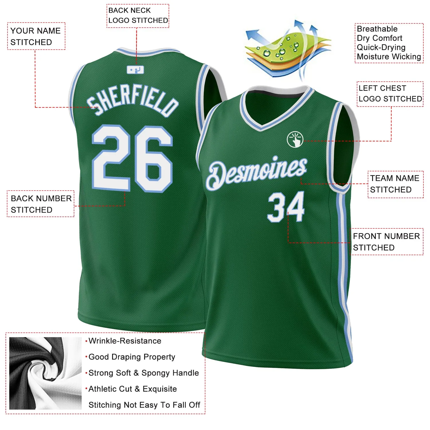 Custom Kelly Green White-Light Blue Authentic Throwback Basketball Jersey