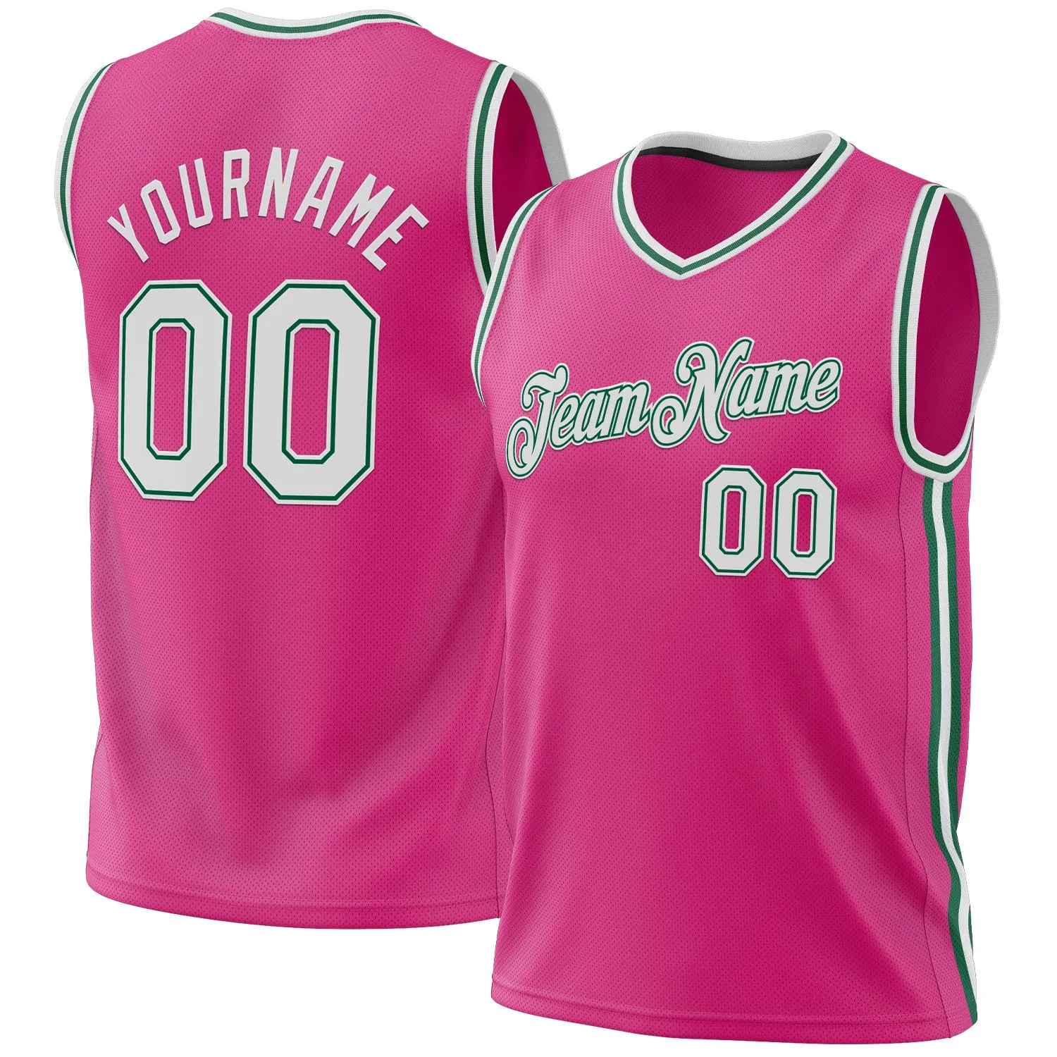 Custom Pink White-Kelly Green Authentic Throwback Basketball Jersey