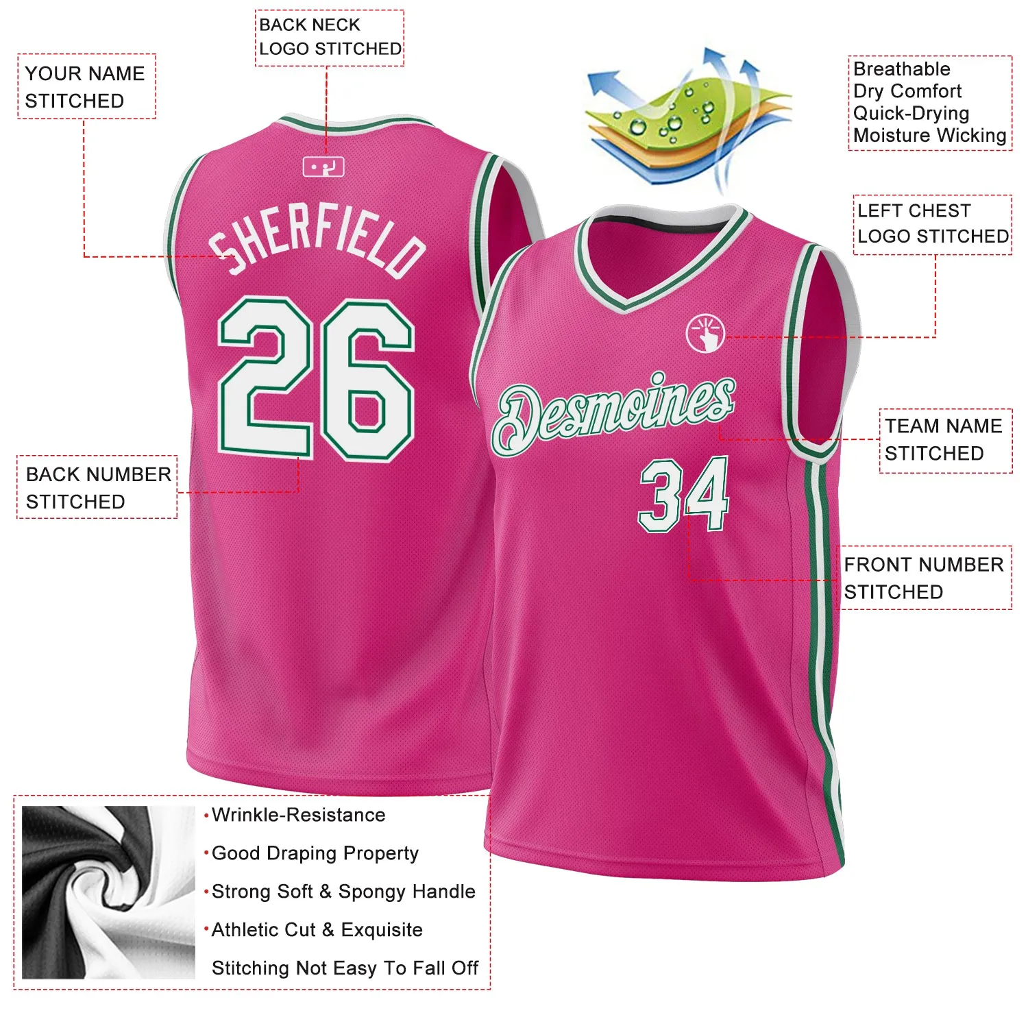 Custom Pink White-Kelly Green Authentic Throwback Basketball Jersey