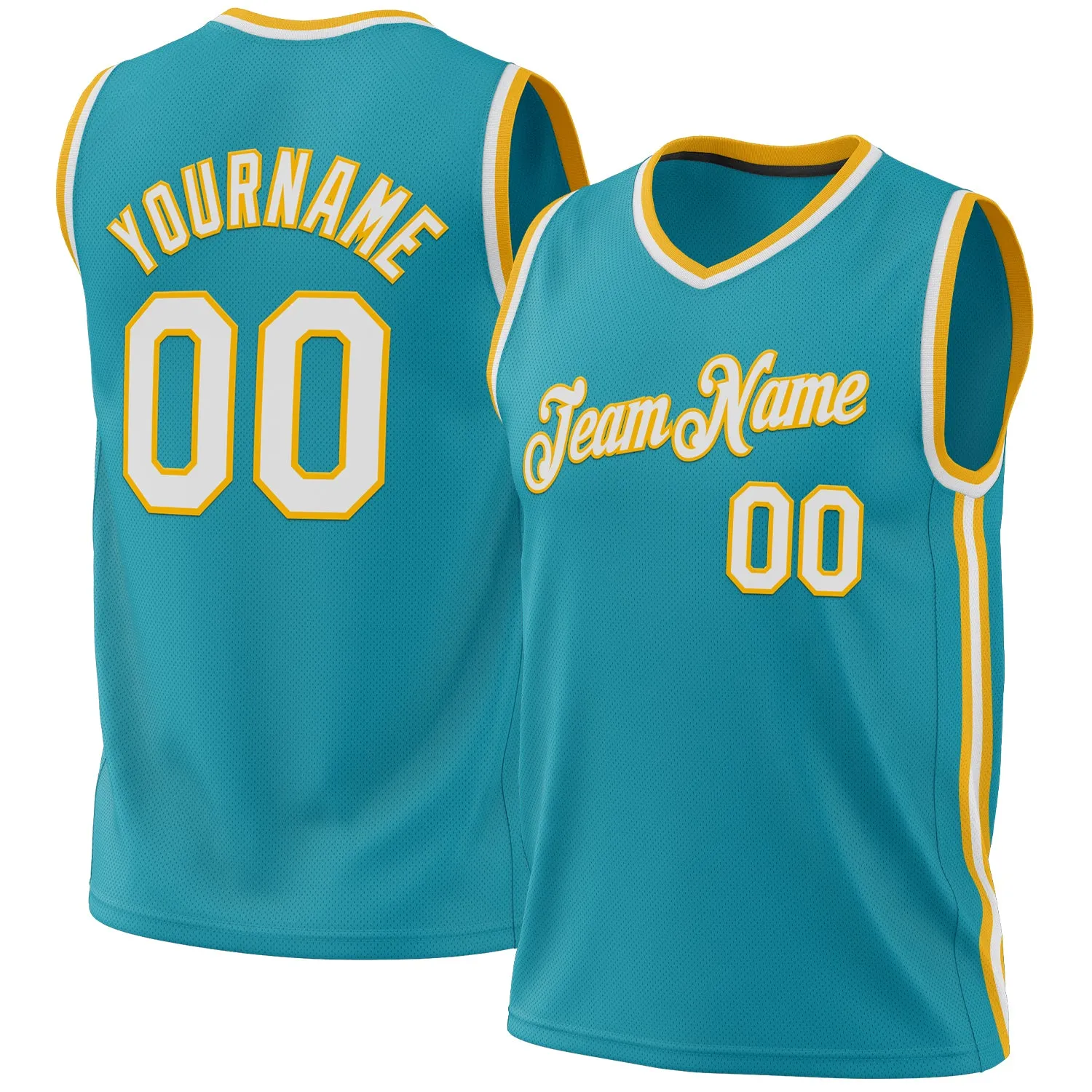 Custom Teal White-Gold Authentic Throwback Basketball Jersey