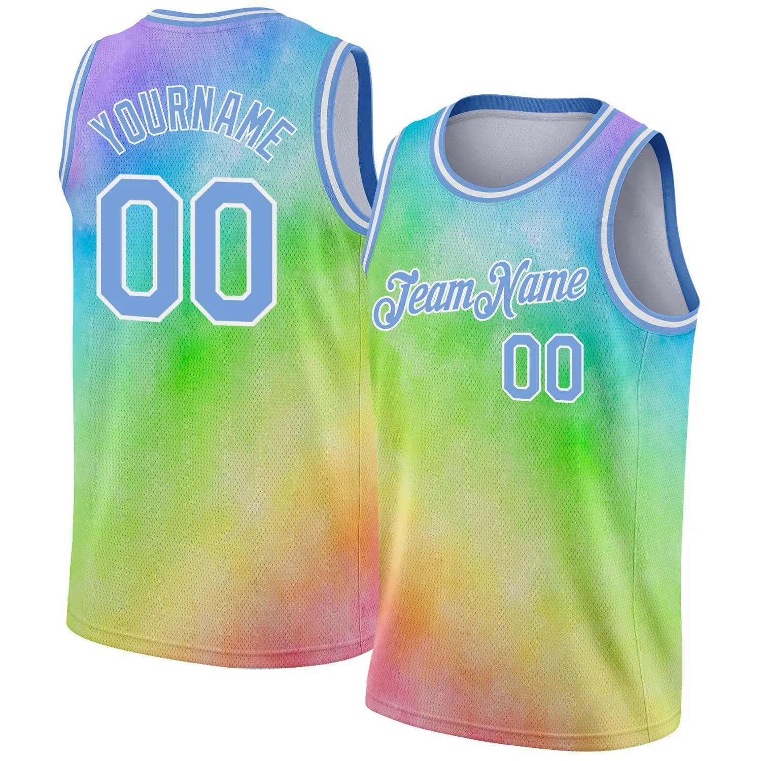 Custom Tie Dye Light Blue-White 3D Rainbow Authentic Basketball Jersey