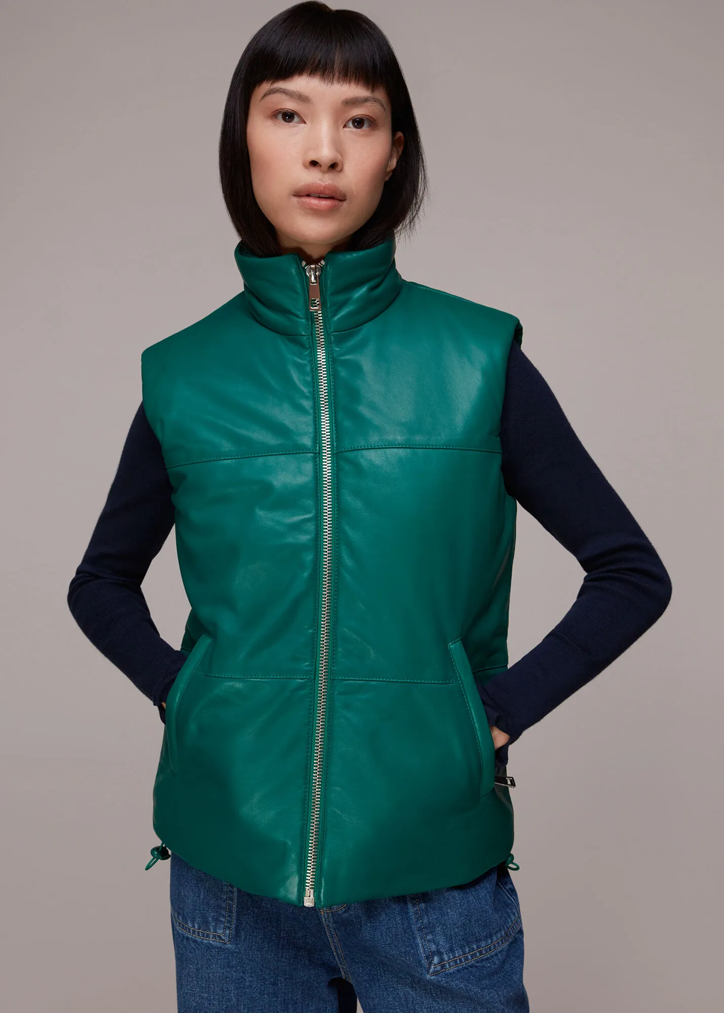 Dark Green Leather Puffer Quilted Gilet