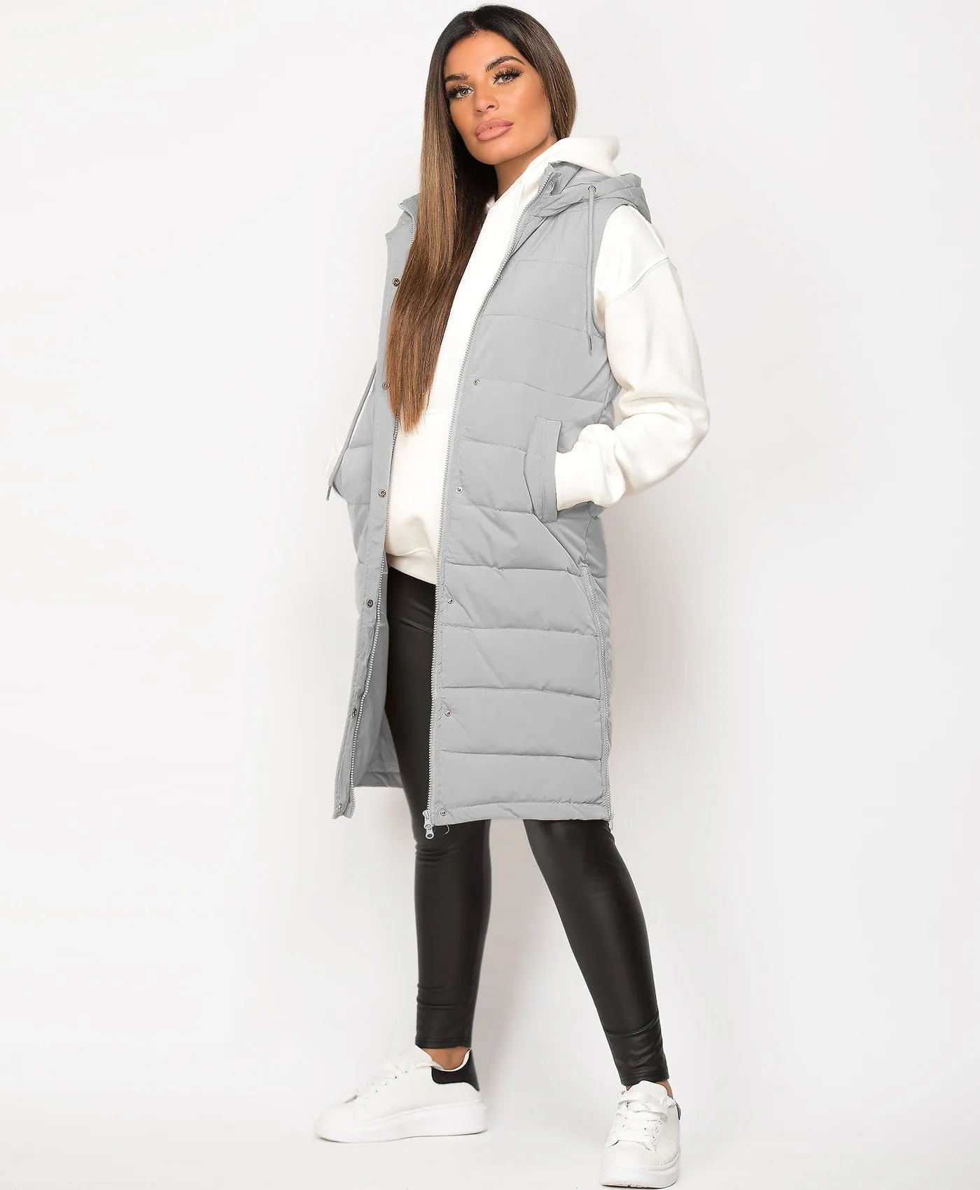 Grey Hooded Side Split Quilted Puffer Long Gilet Bodywarmer