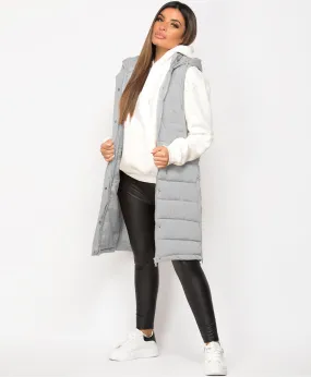 Grey Hooded Side Split Quilted Puffer Long Gilet Bodywarmer