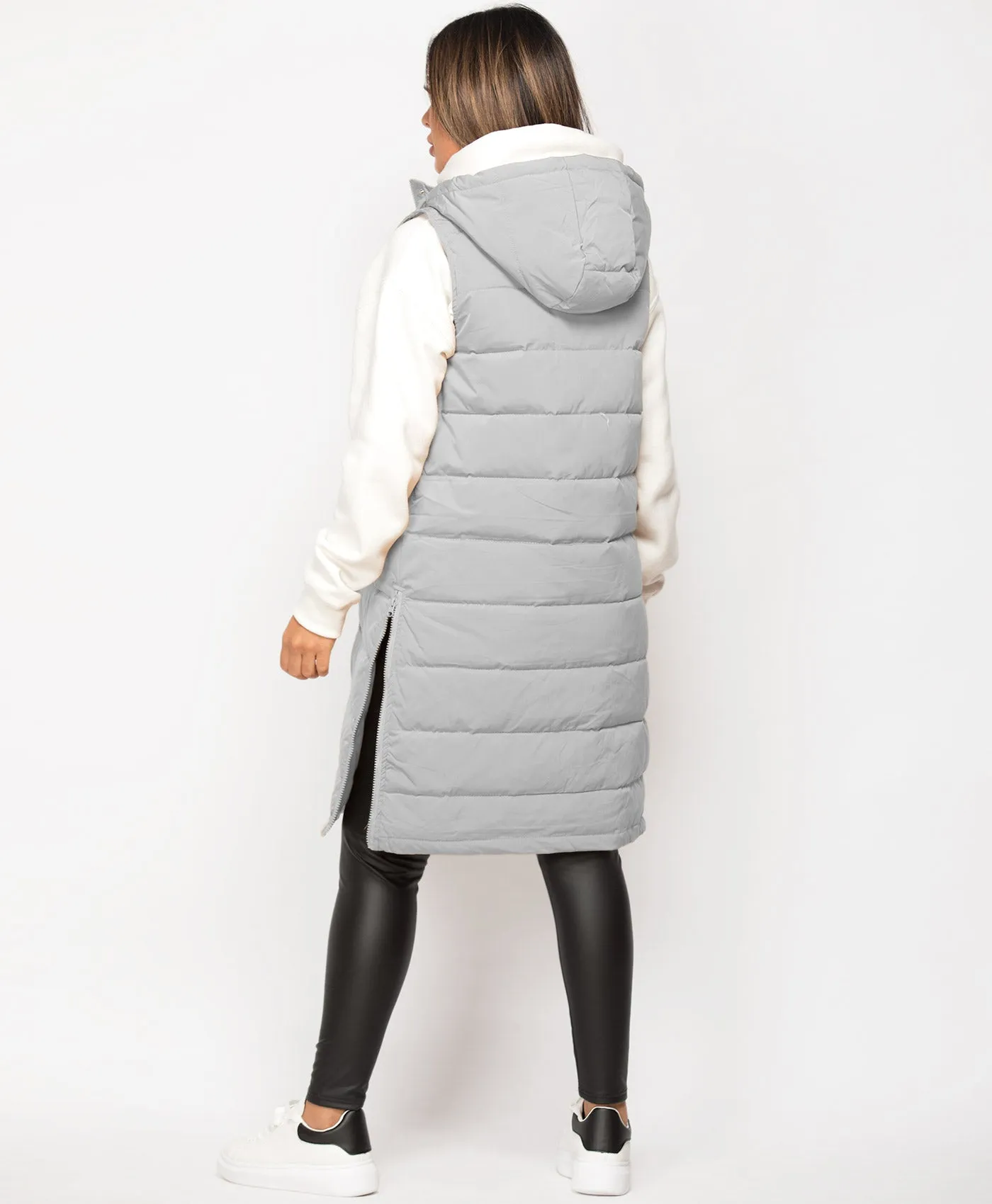 Grey Hooded Side Split Quilted Puffer Long Gilet Bodywarmer