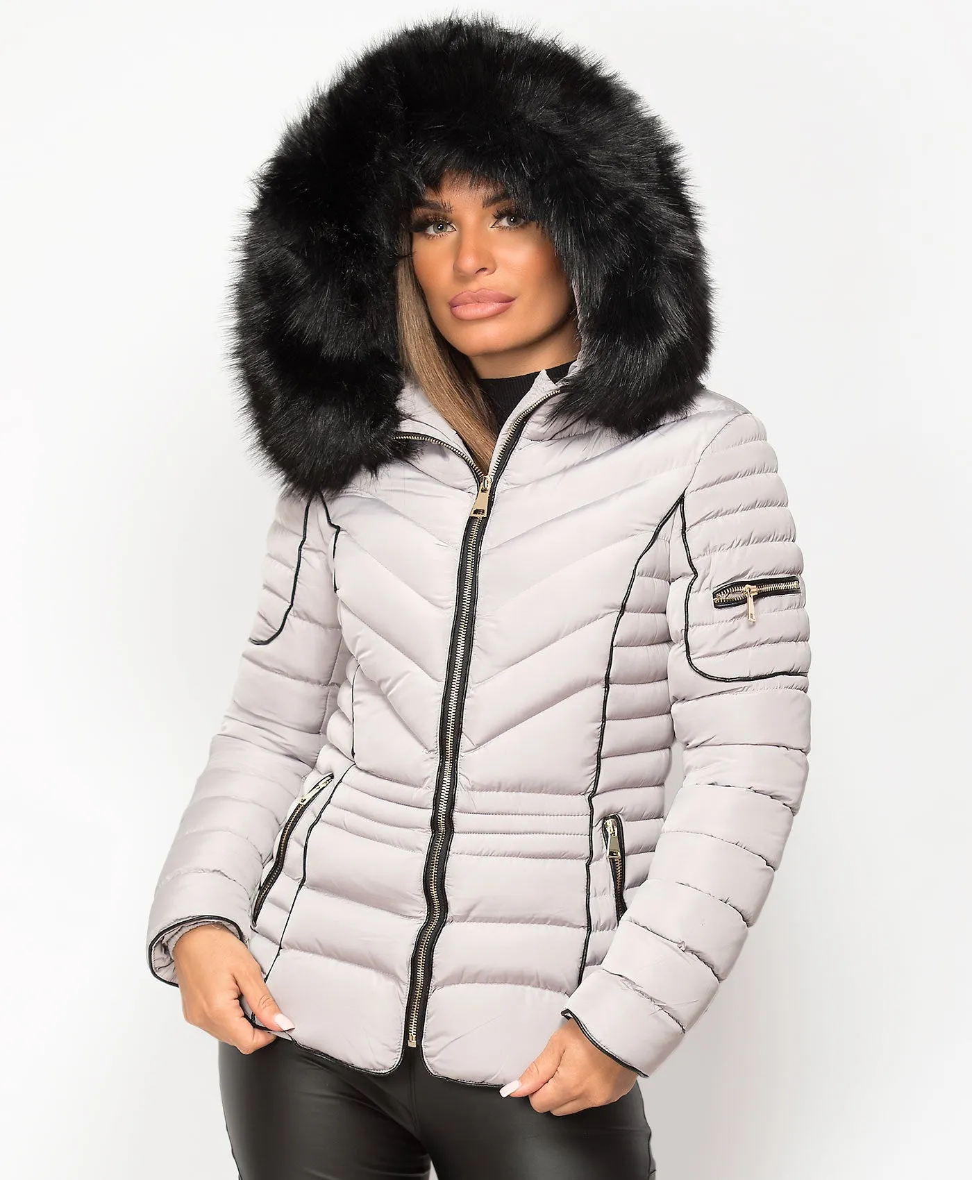 Grey Quilted Padded Chevron Piping Detail Fur Hooded Puffer Jacket