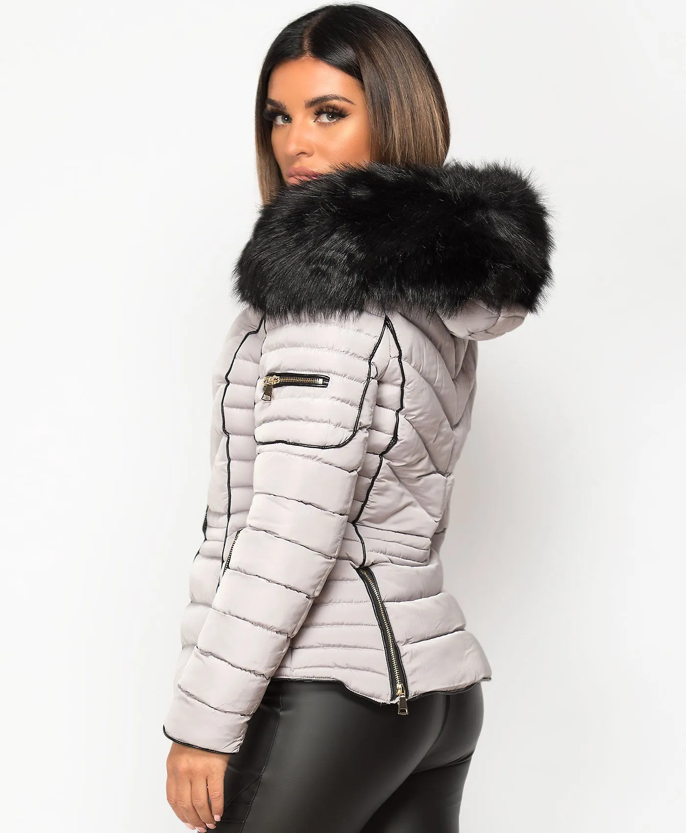 Grey Quilted Padded Chevron Piping Detail Fur Hooded Puffer Jacket