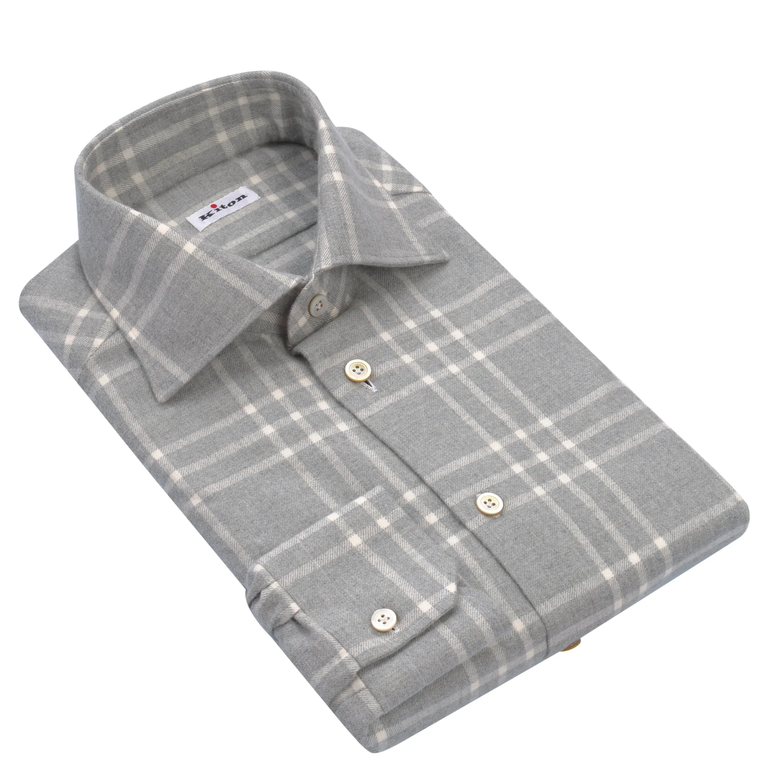  Kiton Flannel Plaid Cotton Shirt in Light Grey