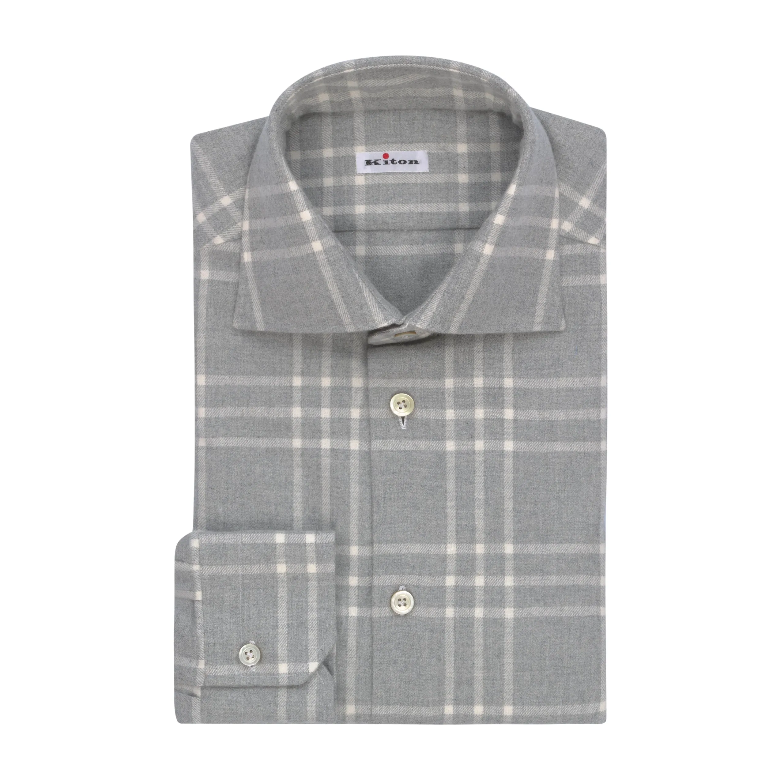  Kiton Flannel Plaid Cotton Shirt in Light Grey