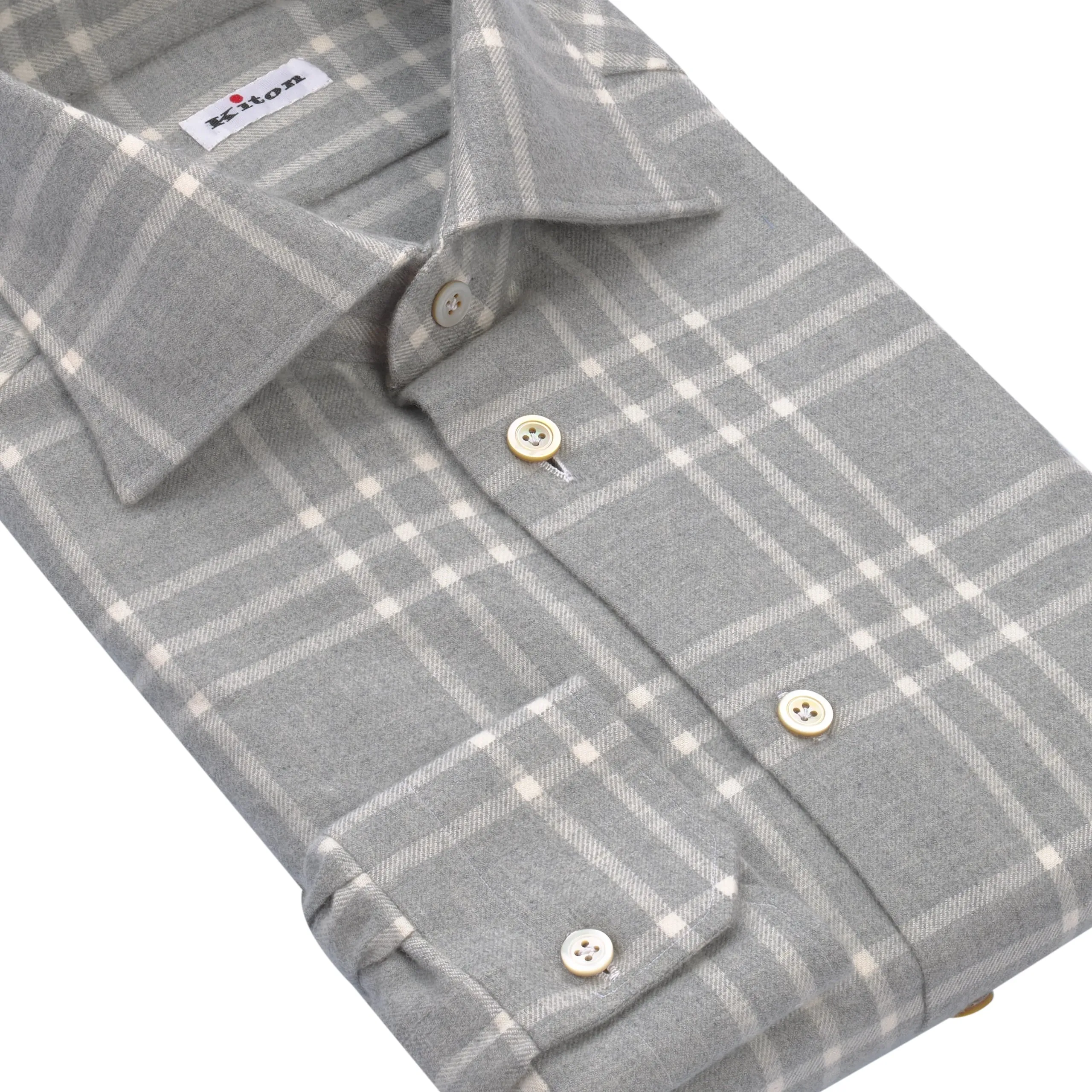  Kiton Flannel Plaid Cotton Shirt in Light Grey